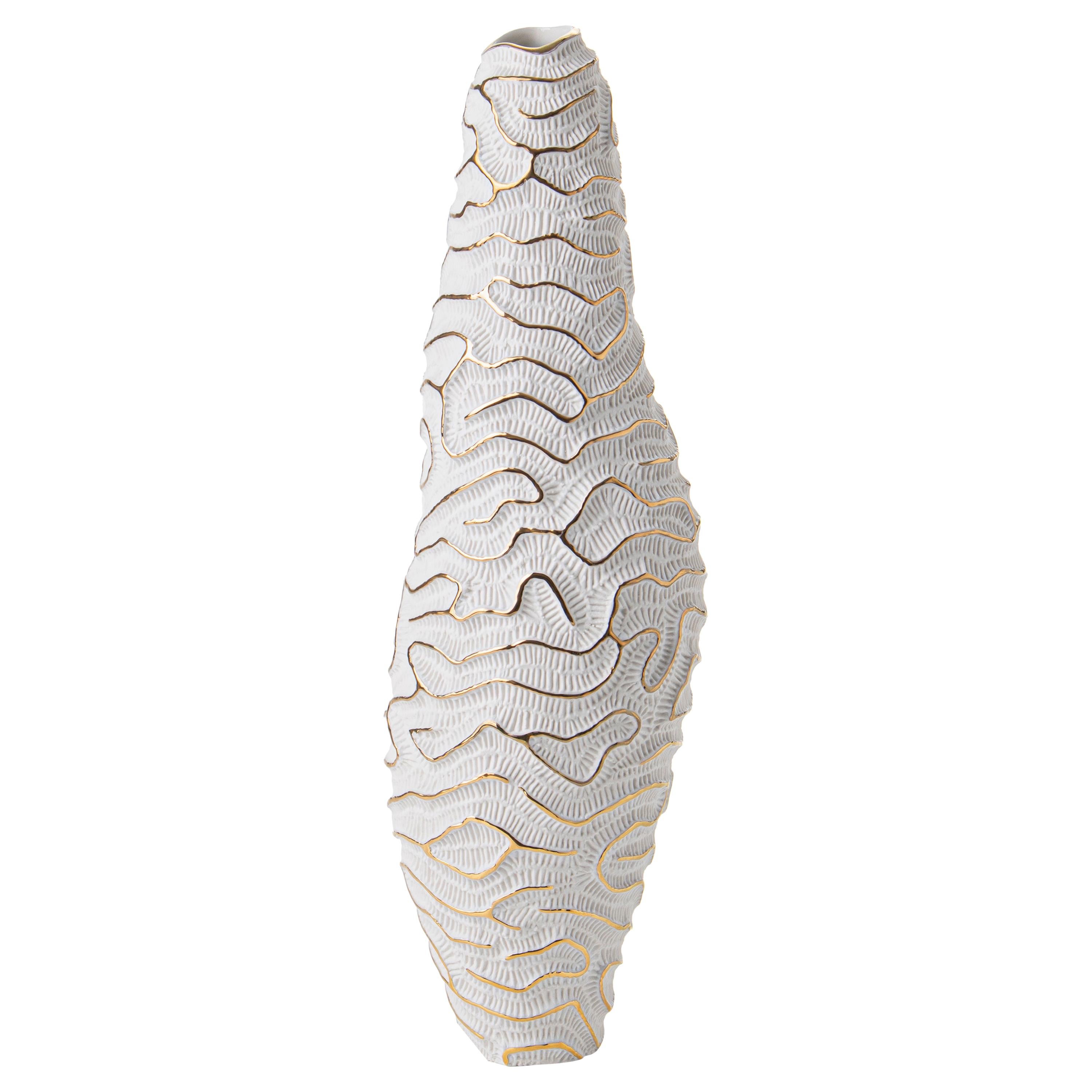 Contemporary Porcelain Vase Gold Slim Sea Fossil texture Ceramic Italy Fos For Sale