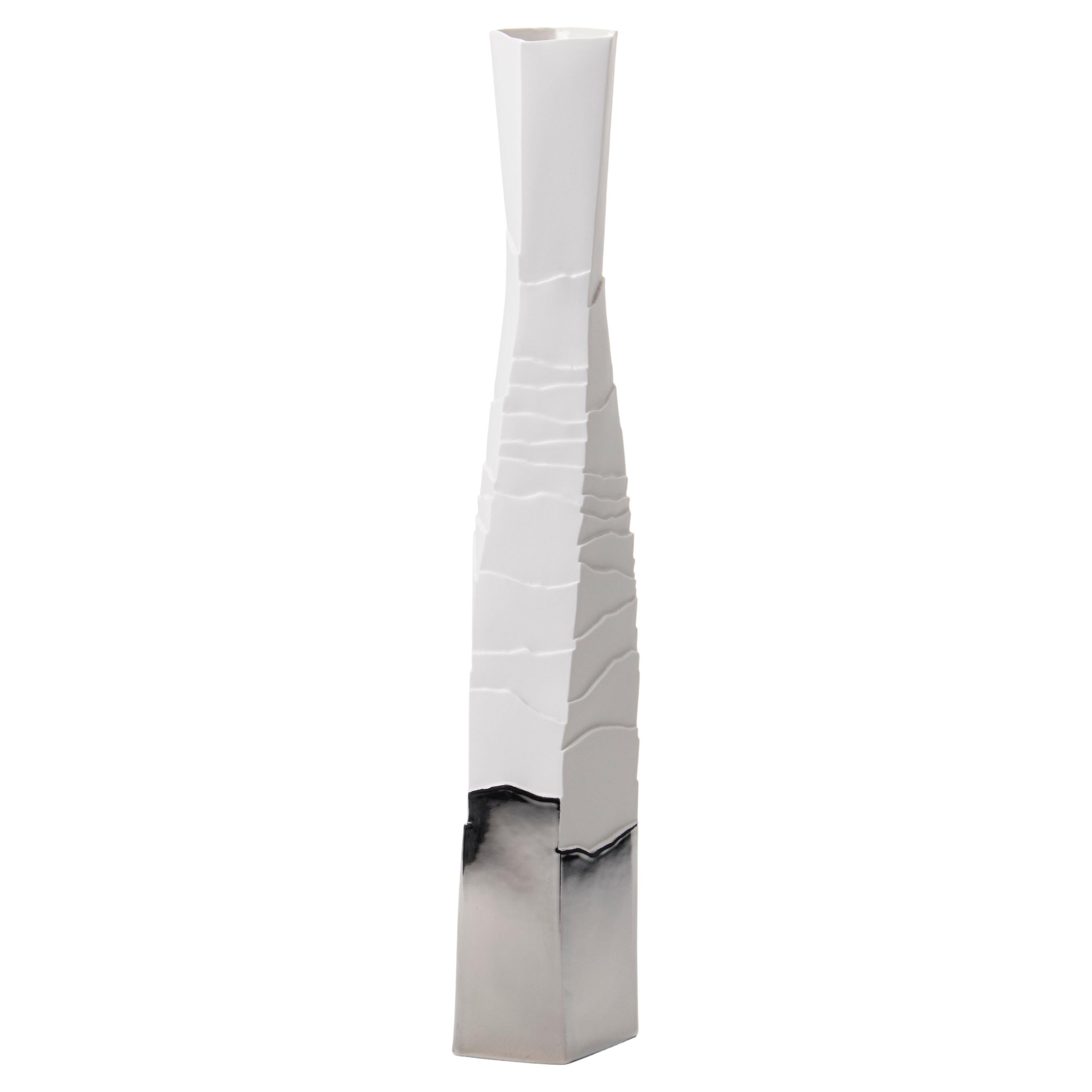 Contemporary Porcelain Vase Platinum Bottle White Ceramic Hand-Painted Italy Fos For Sale