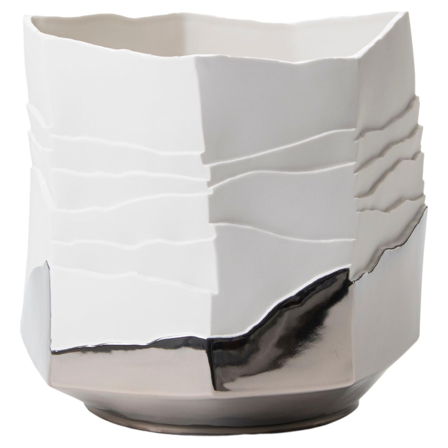 Contemporary Porcelain Vase Platinum Caspò White Ceramic Hand-Painted, Italy FOS For Sale