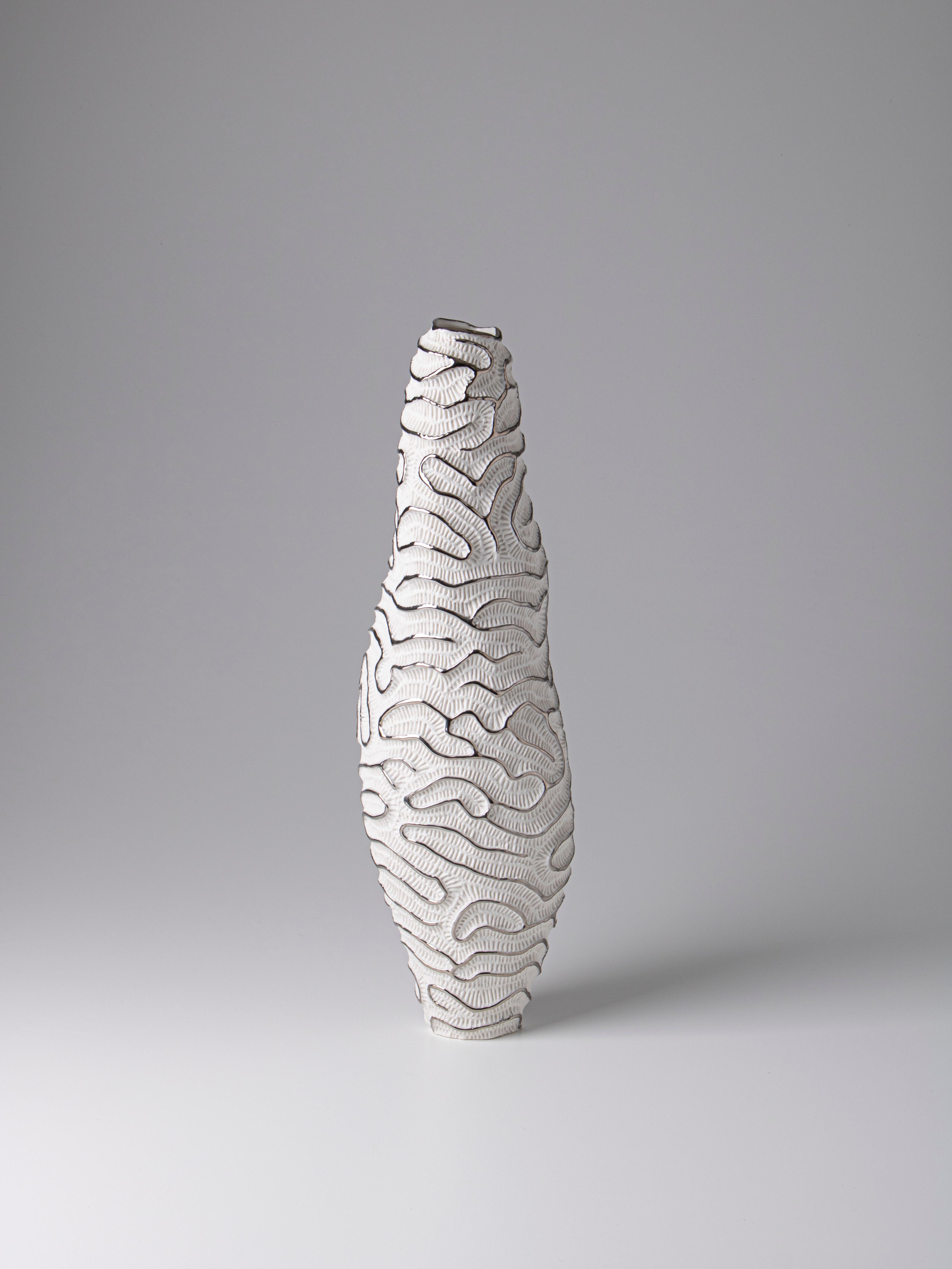 Italian Contemporary Porcelain Vase Platinum Sea Fossil Texture Ceramic Italy Fos