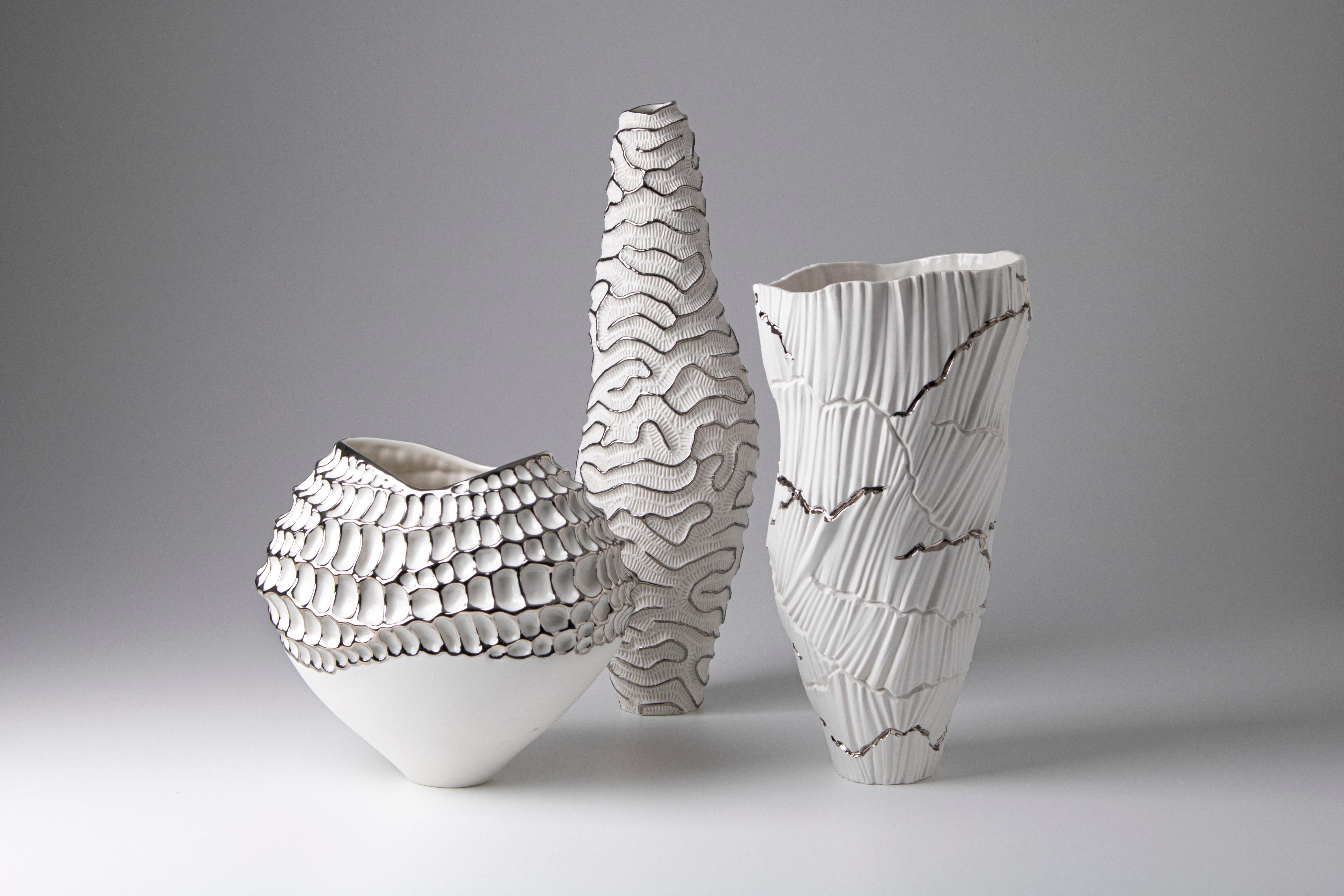 Cast Contemporary Porcelain Vase Platinum Sea Fossil Texture Ceramic Italy Fos