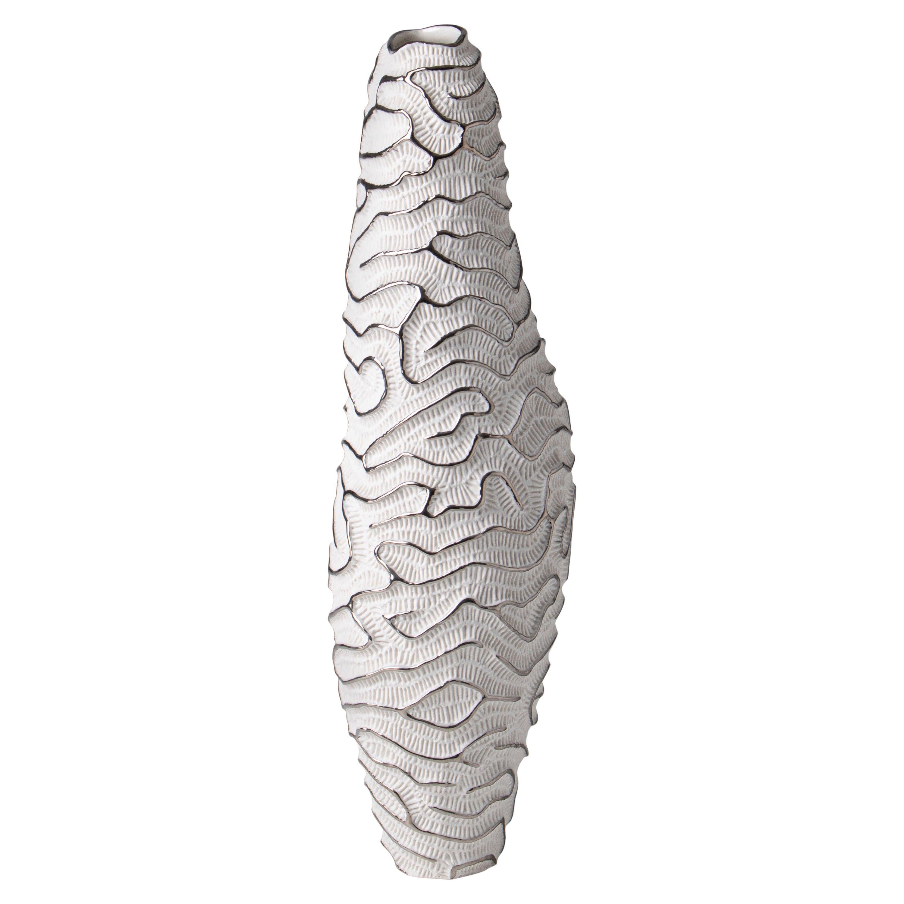 Contemporary Porcelain Vase Platinum Sea Fossil Texture Ceramic Italy Fos