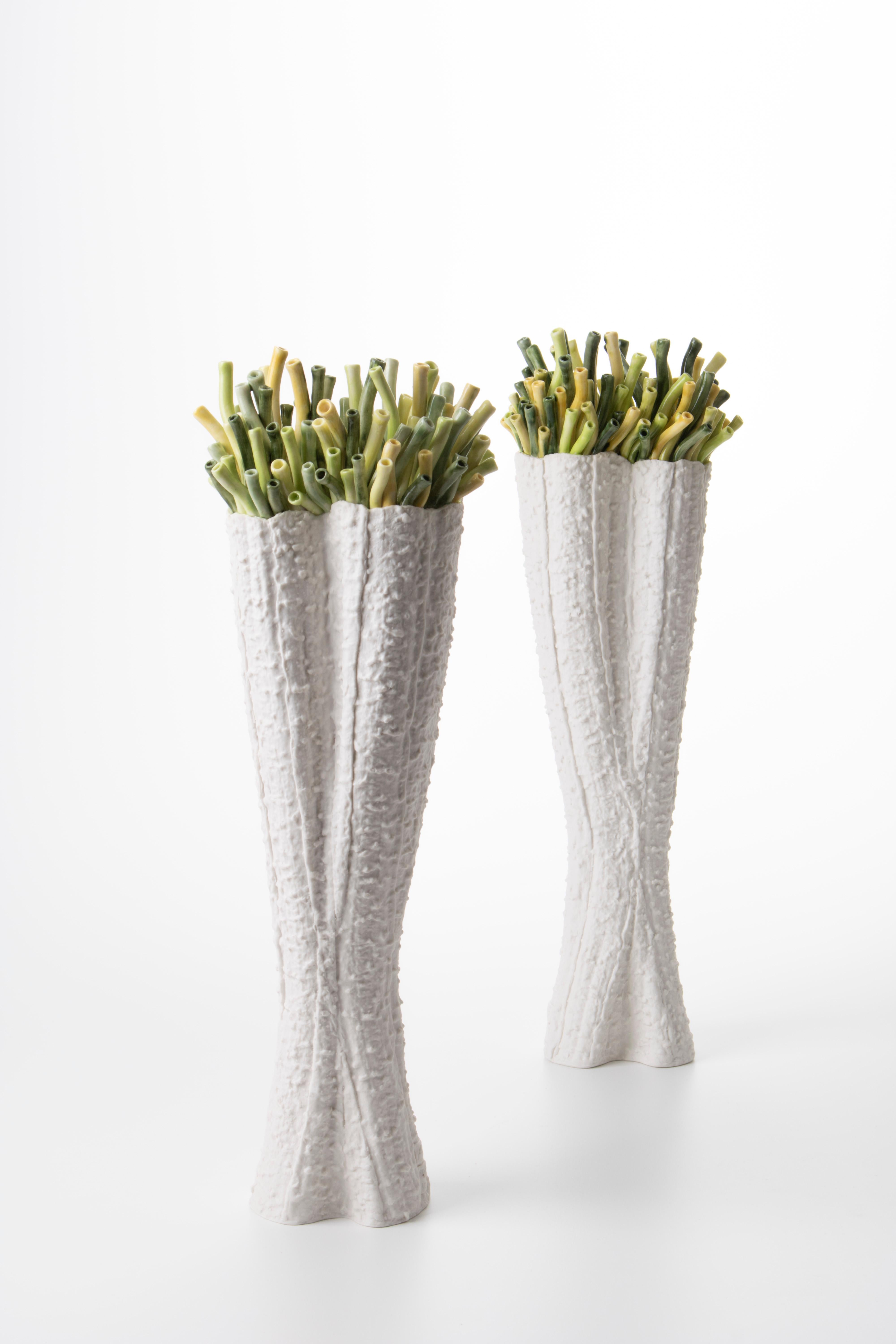 Italian Contemporary Porcelain White Vase Green Corals Sea Ceramic Handmade Italy Fos For Sale