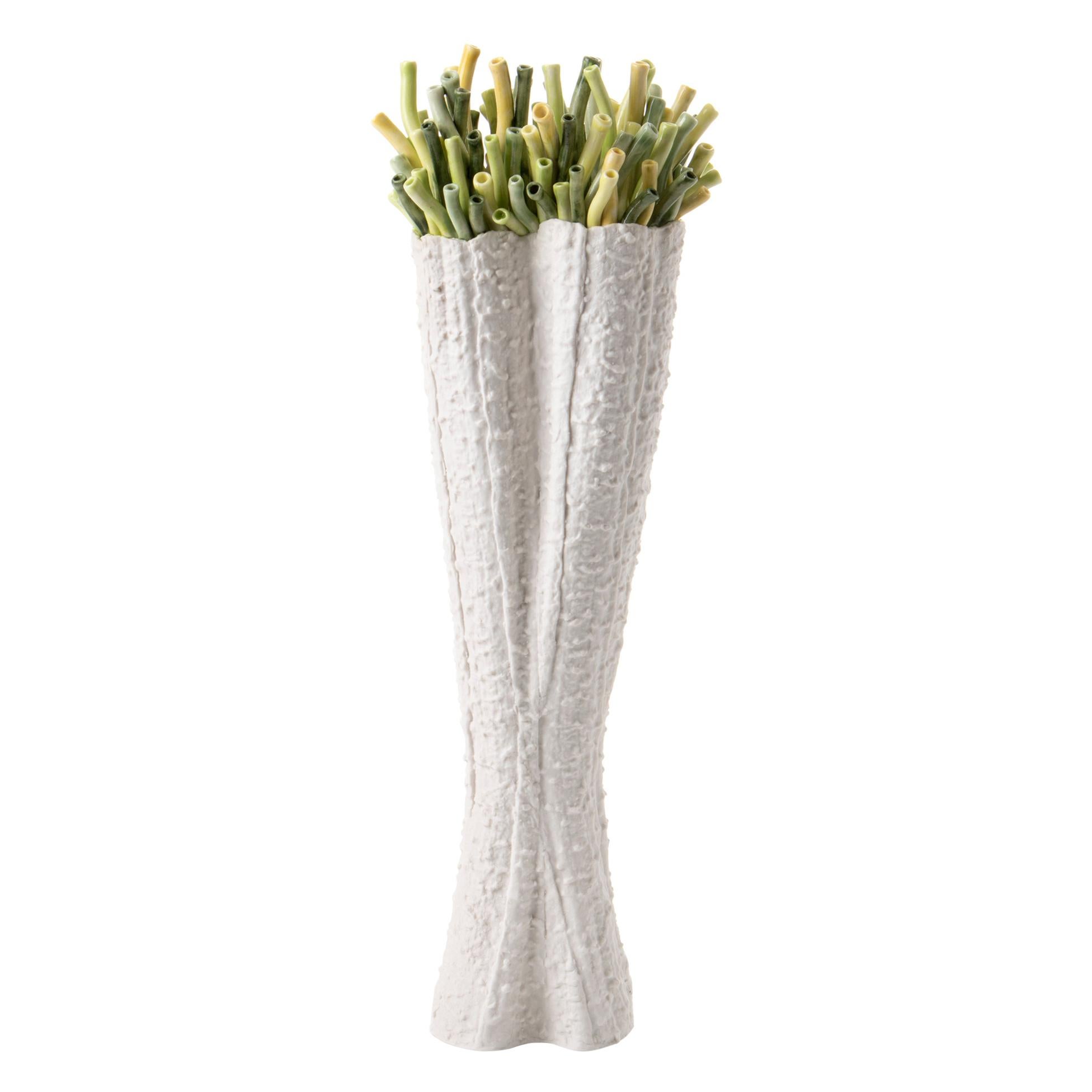 Contemporary Porcelain Vase Platinum Nature Texture White Ceramic Italy