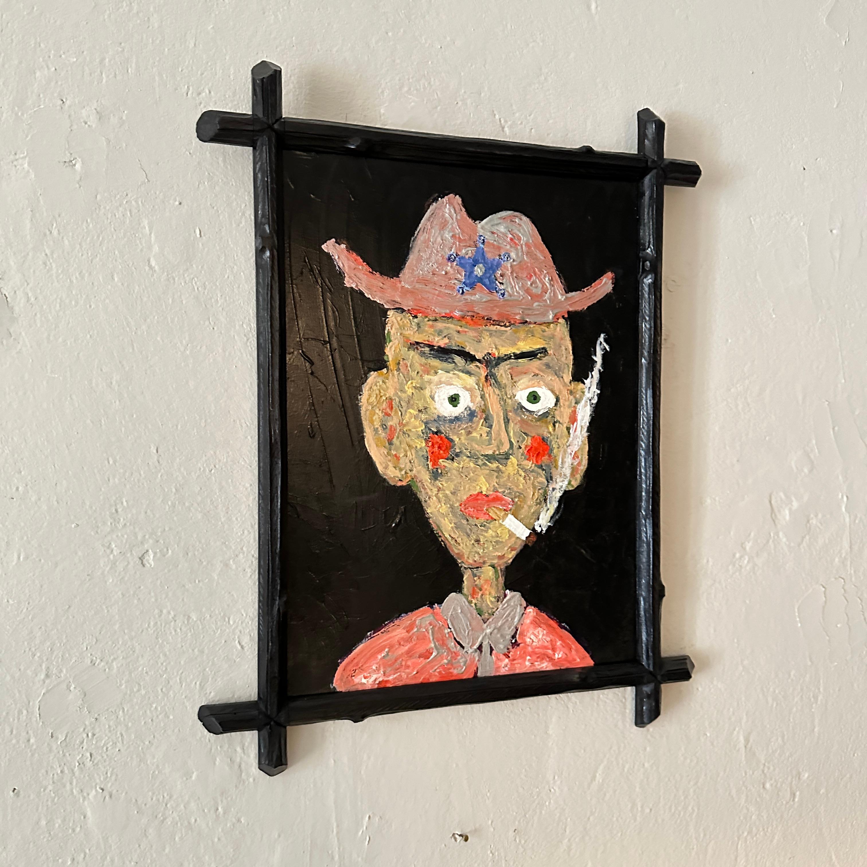 Modern Contemporary Portrait Painting of a Cowboy in Multicolored Acryl Paint on Wood For Sale