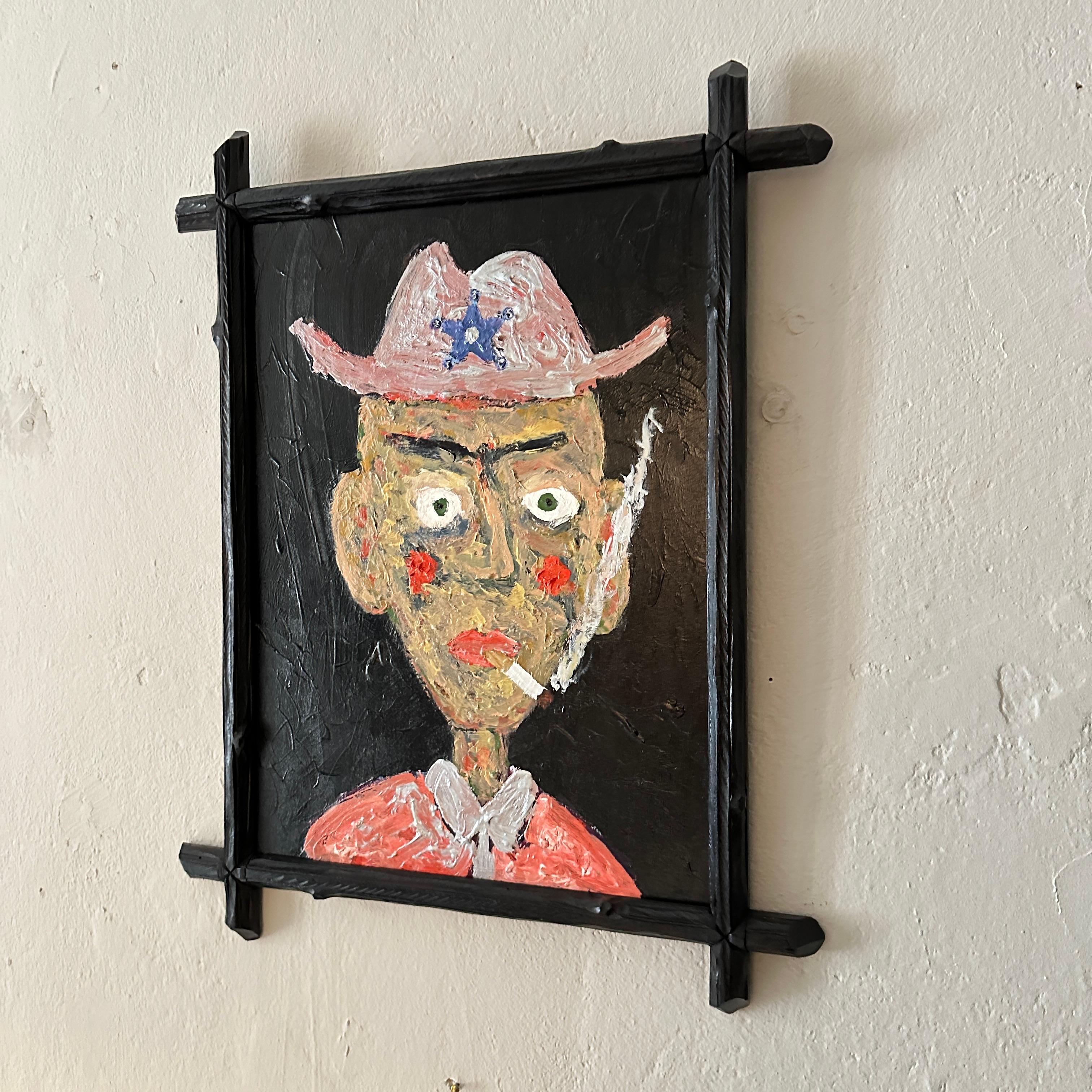 Beech Contemporary Portrait Painting of a Cowboy in Multicolored Acryl Paint on Wood For Sale