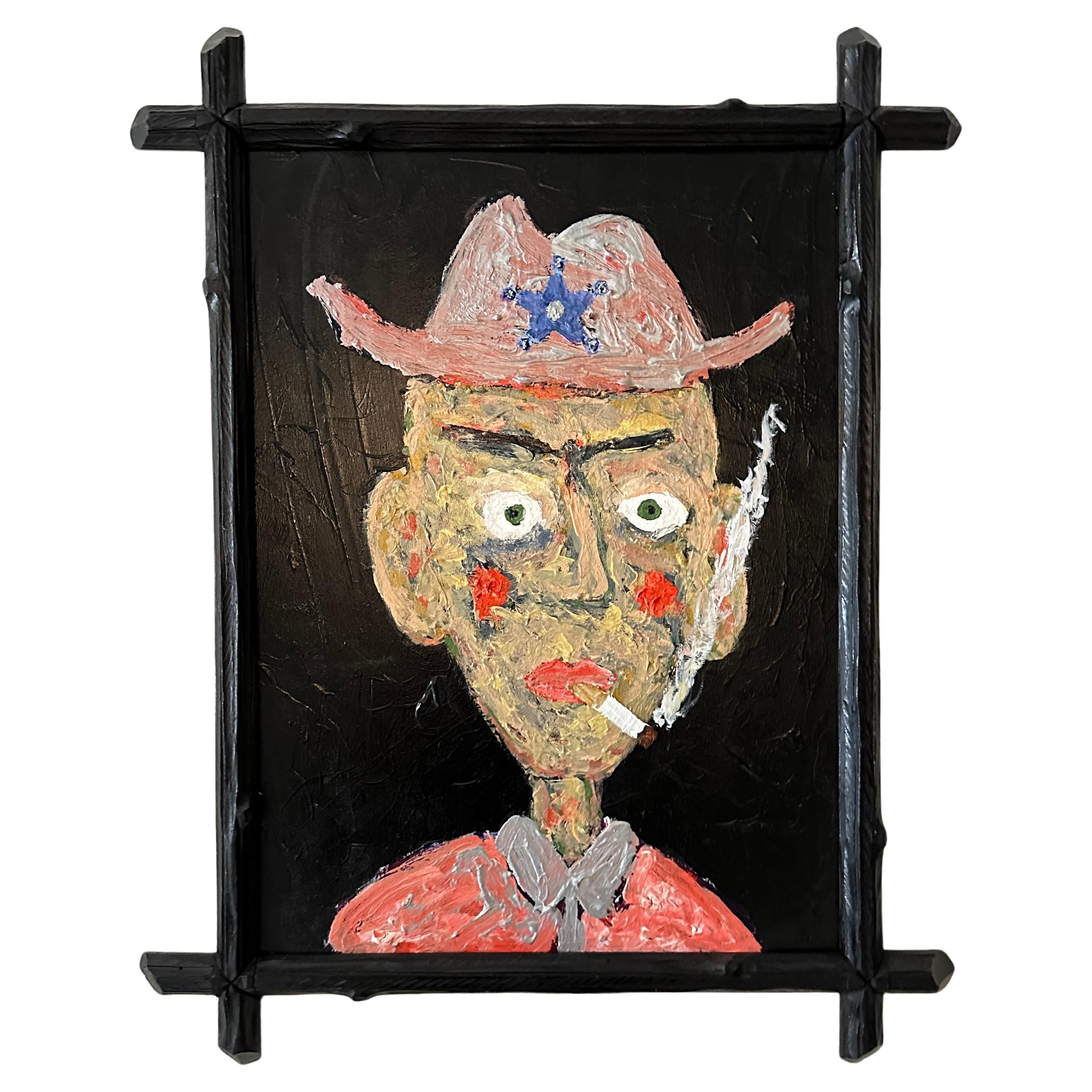 Contemporary Portrait Painting of a Cowboy in Multicolored Acryl Paint on Wood For Sale