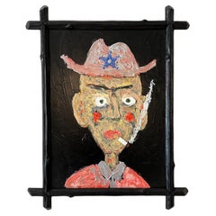 Contemporary Portrait Painting eines Cowboys in mehrfarbiger Acrylfarbe auf Holz