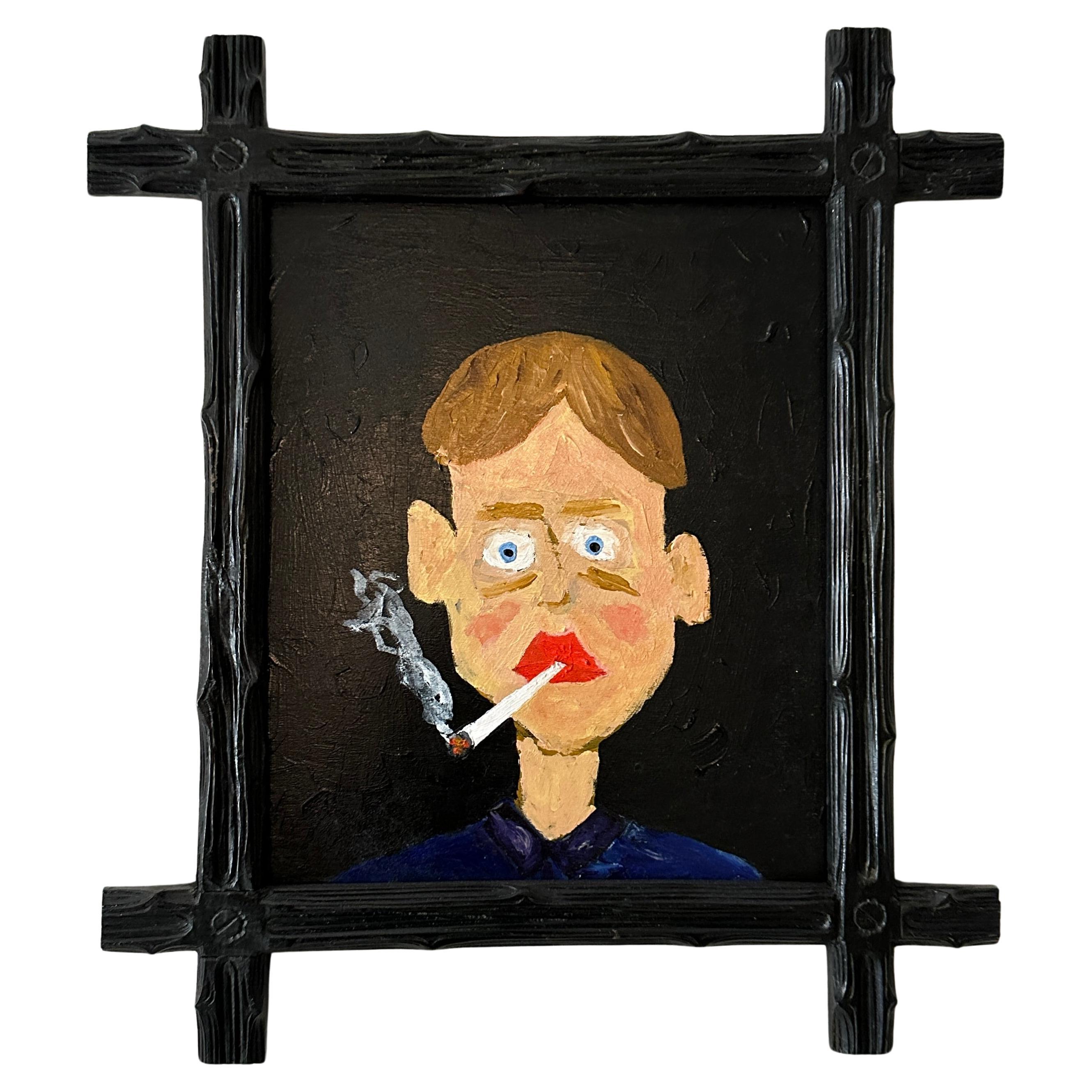 Zeitgenössische Porträtmalerei eines Mannes in mehrfarbiger Acrylfarbe auf Holz