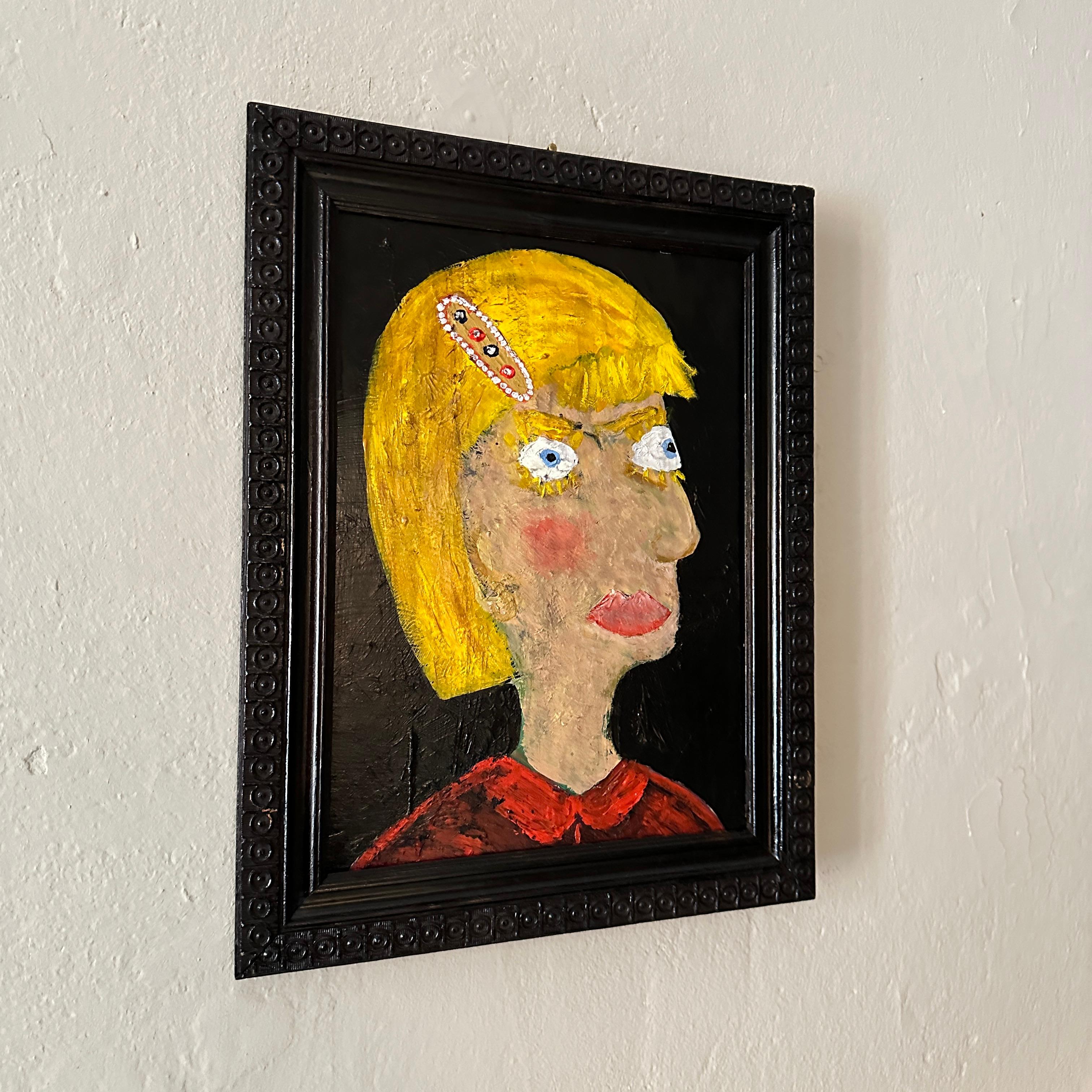 Moderno Ritratto contemporaneo di donna con pittura acrilica multicolore su Wood in vendita