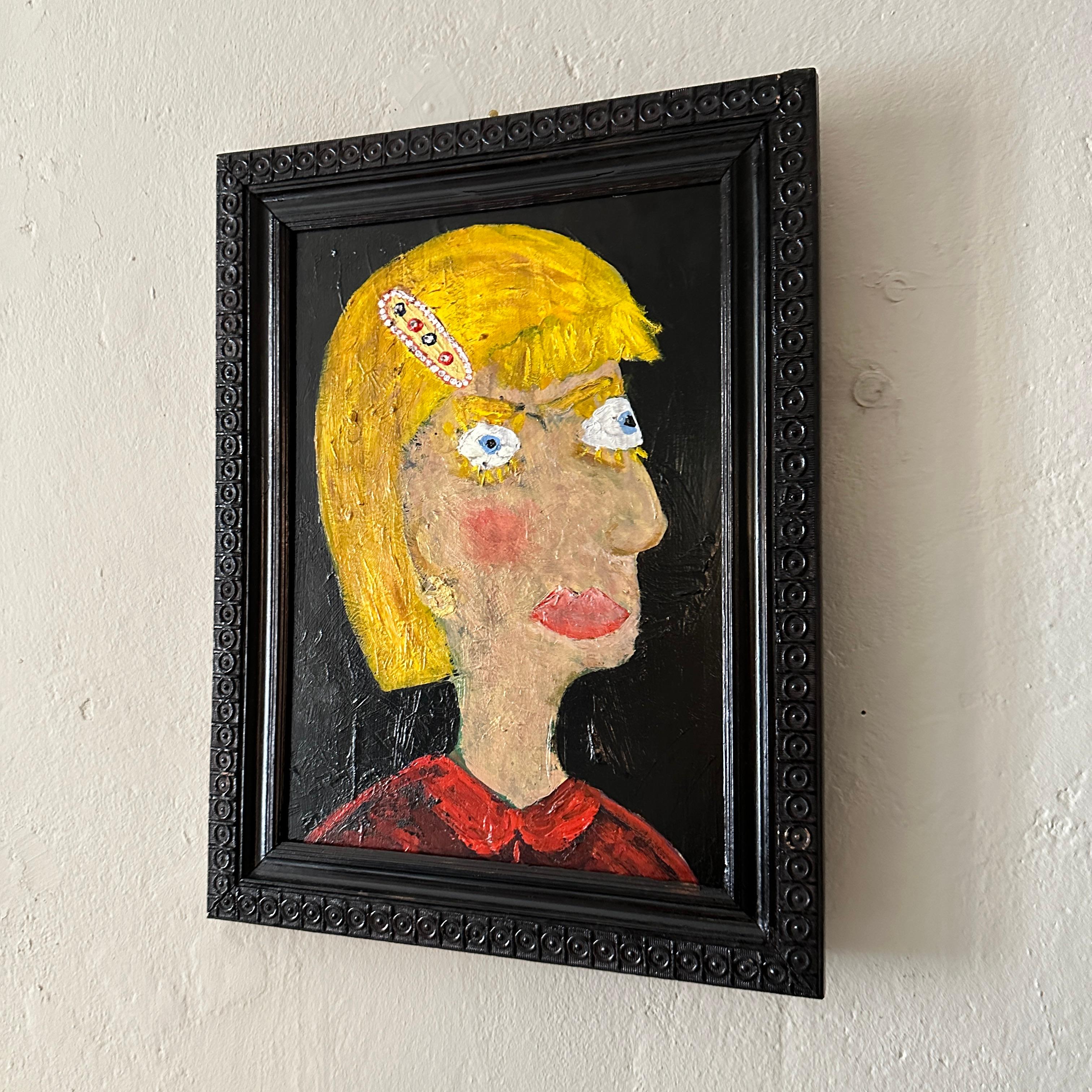 German Contemporary Portrait Painting of a Woman in Multicolored Acryl Paint on Wood For Sale