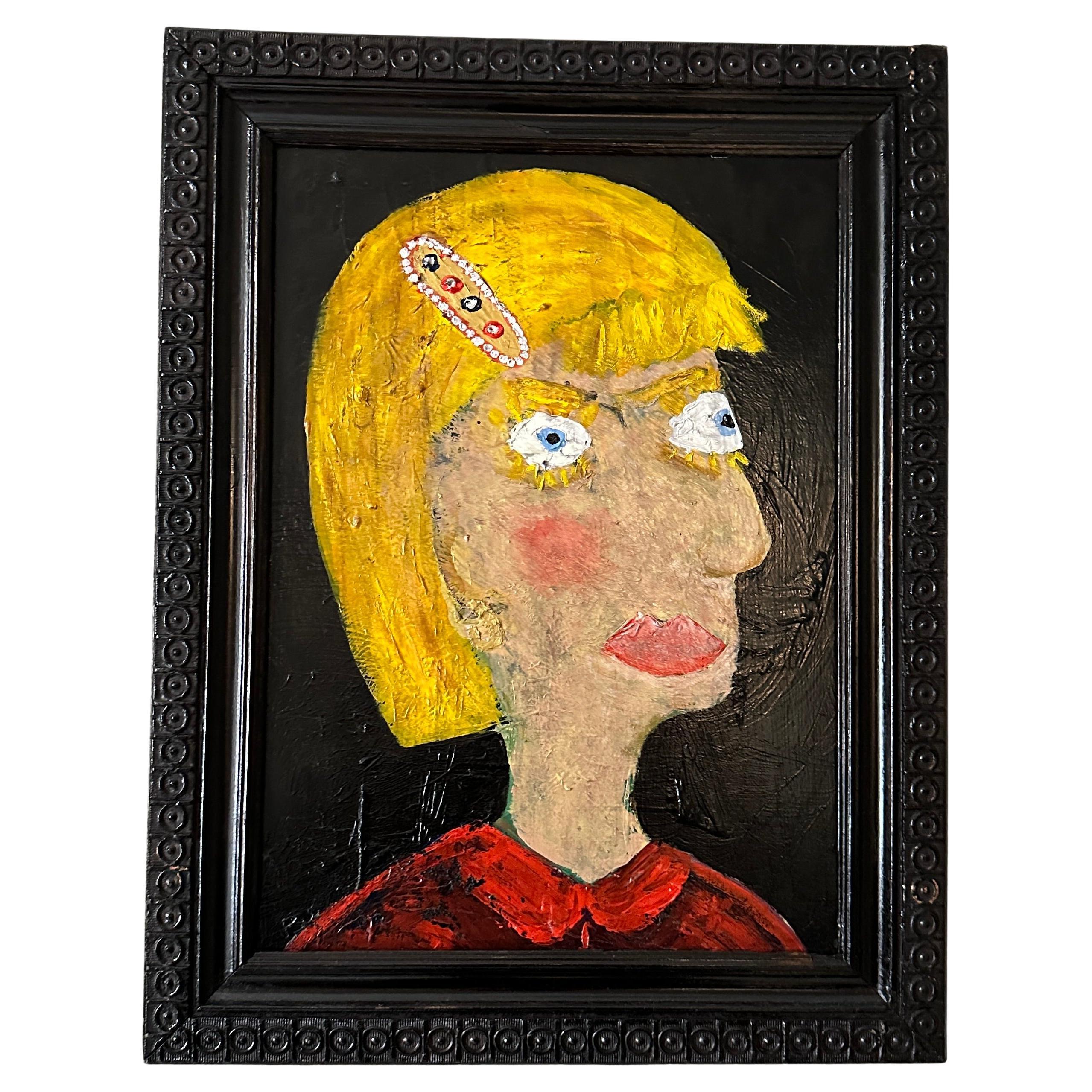 Contemporary Portrait Painting of a Woman in Multicolored Acryl Paint on Wood For Sale