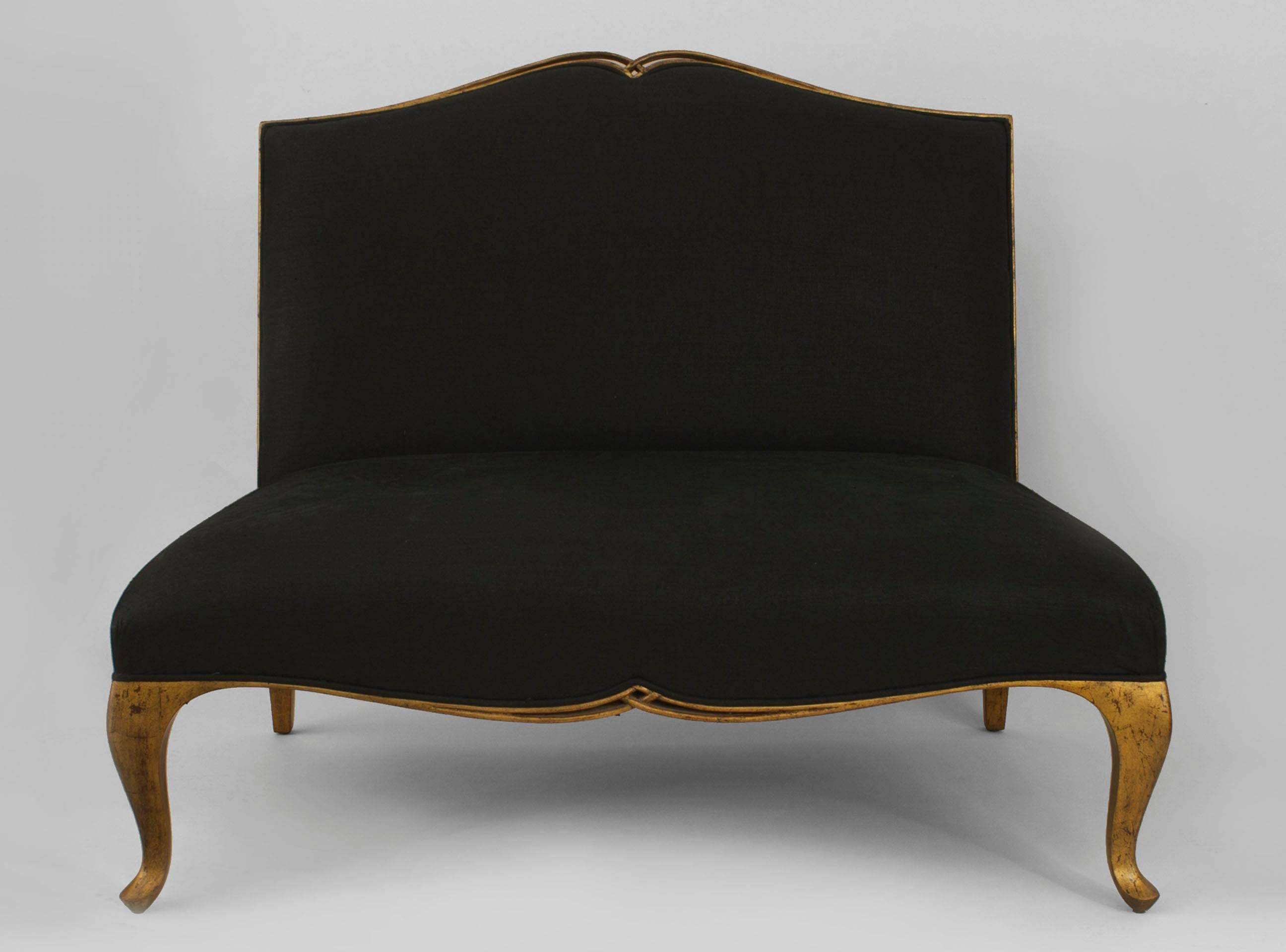 Contemporary Post-War Design gilt armless loveseat with Queen Anne English style legs and a shaped open form back frame with black upholstered seat and back (2- PRICED EACH)
