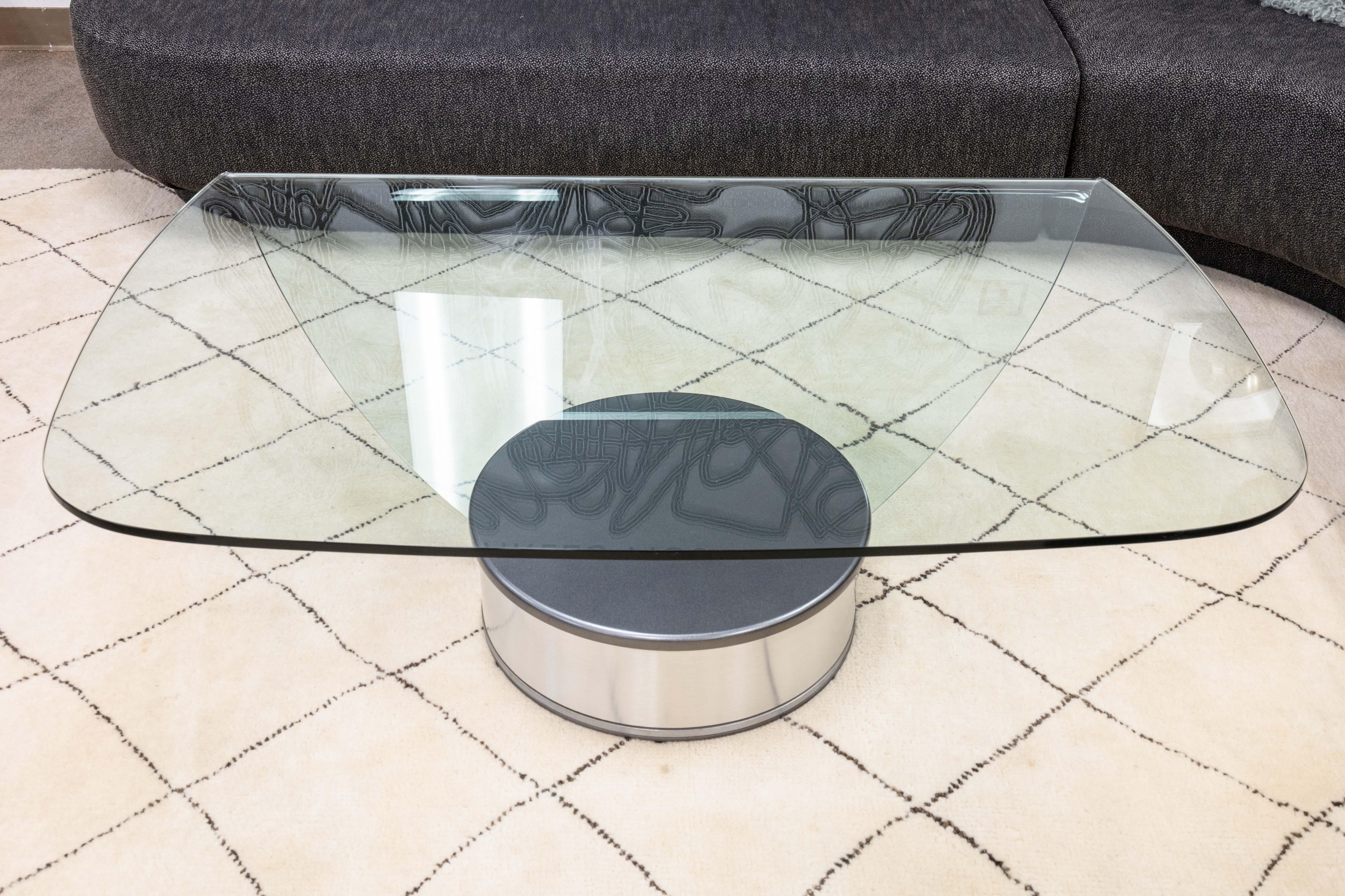 American Contemporary Postmodern Brueton Style Chrome Glass Swivel Coffee Cocktail Table