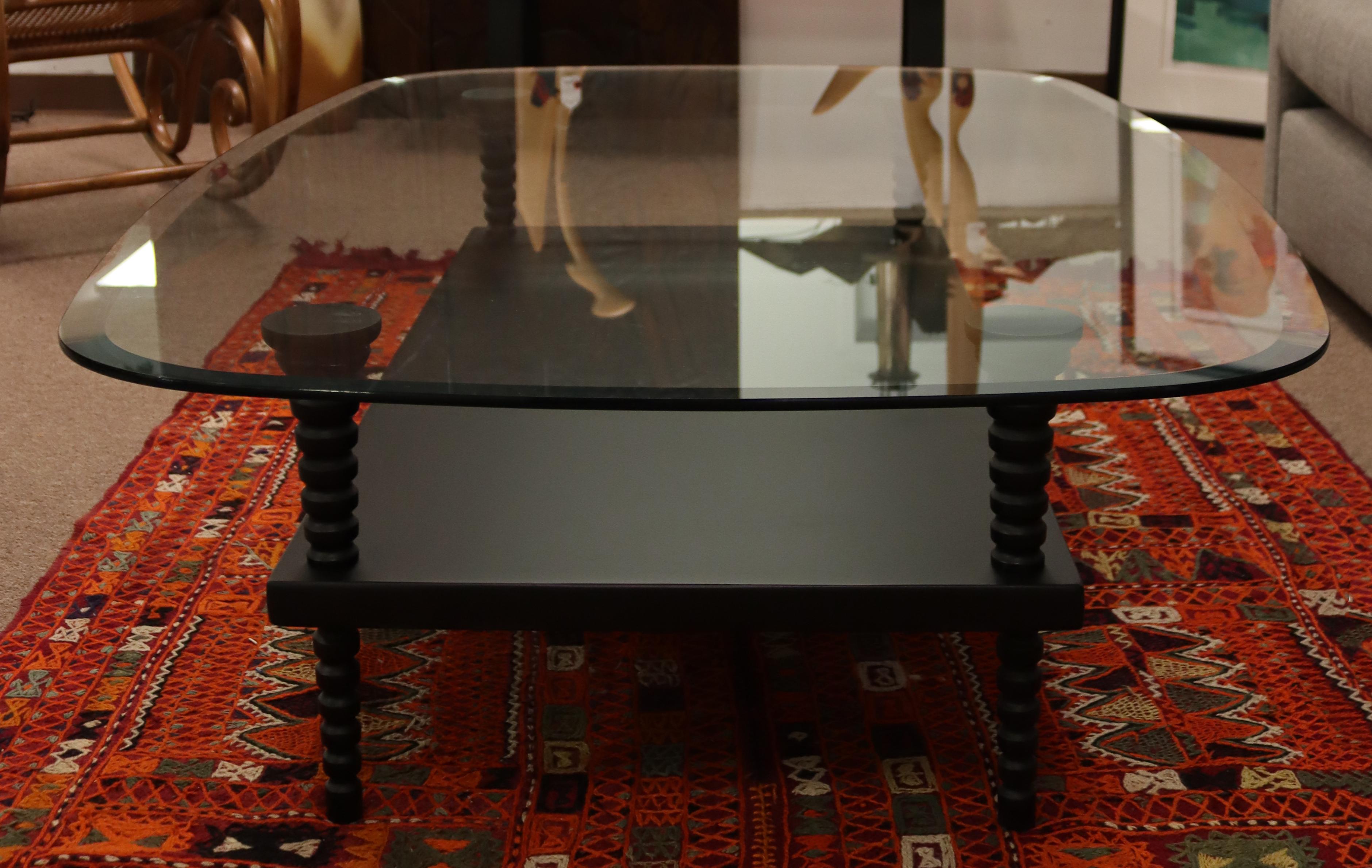 wooden tea table with glass top