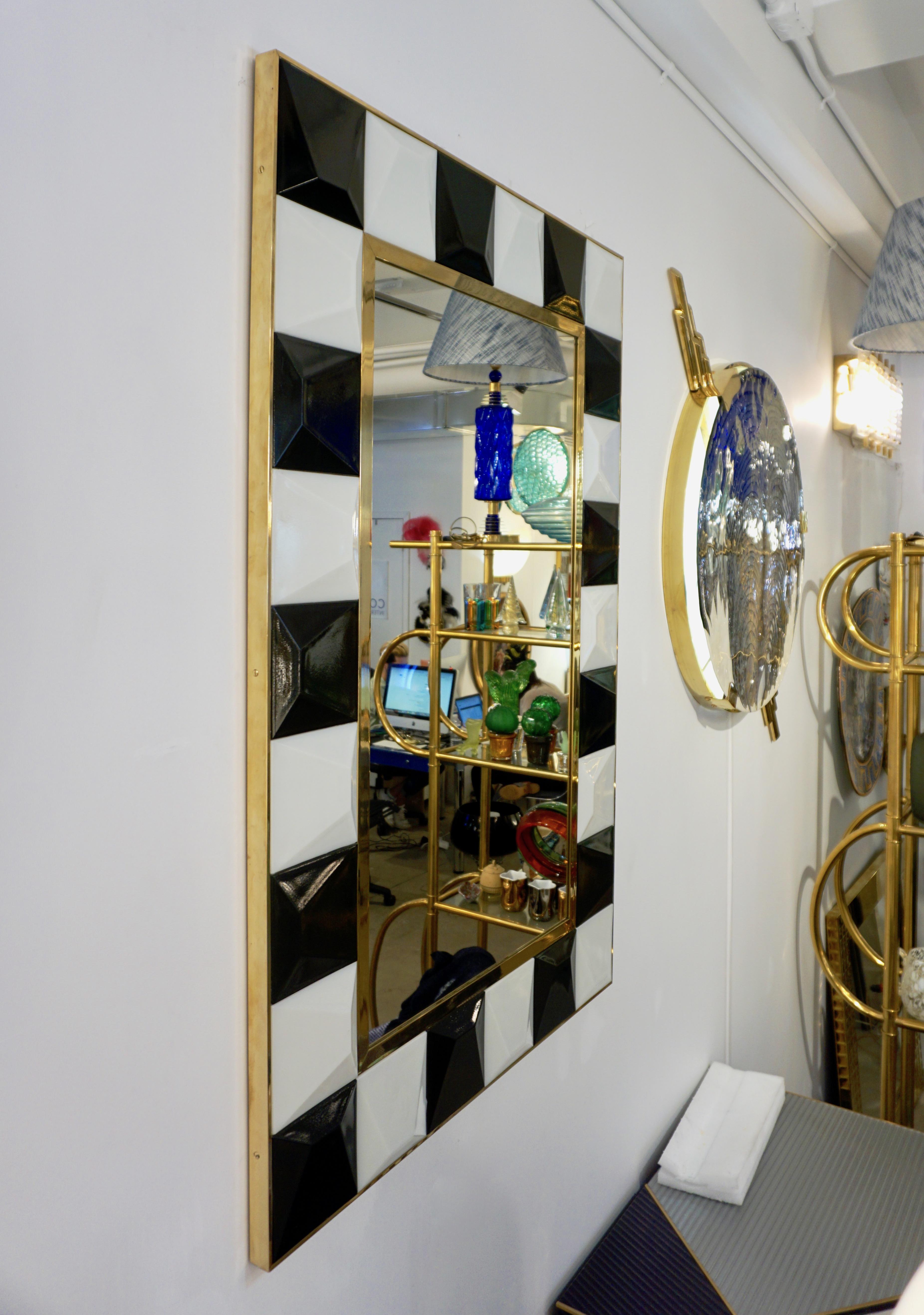 Contemporary Postmodern Italian Geometric Black White Murano Glass Brass Mirror 5