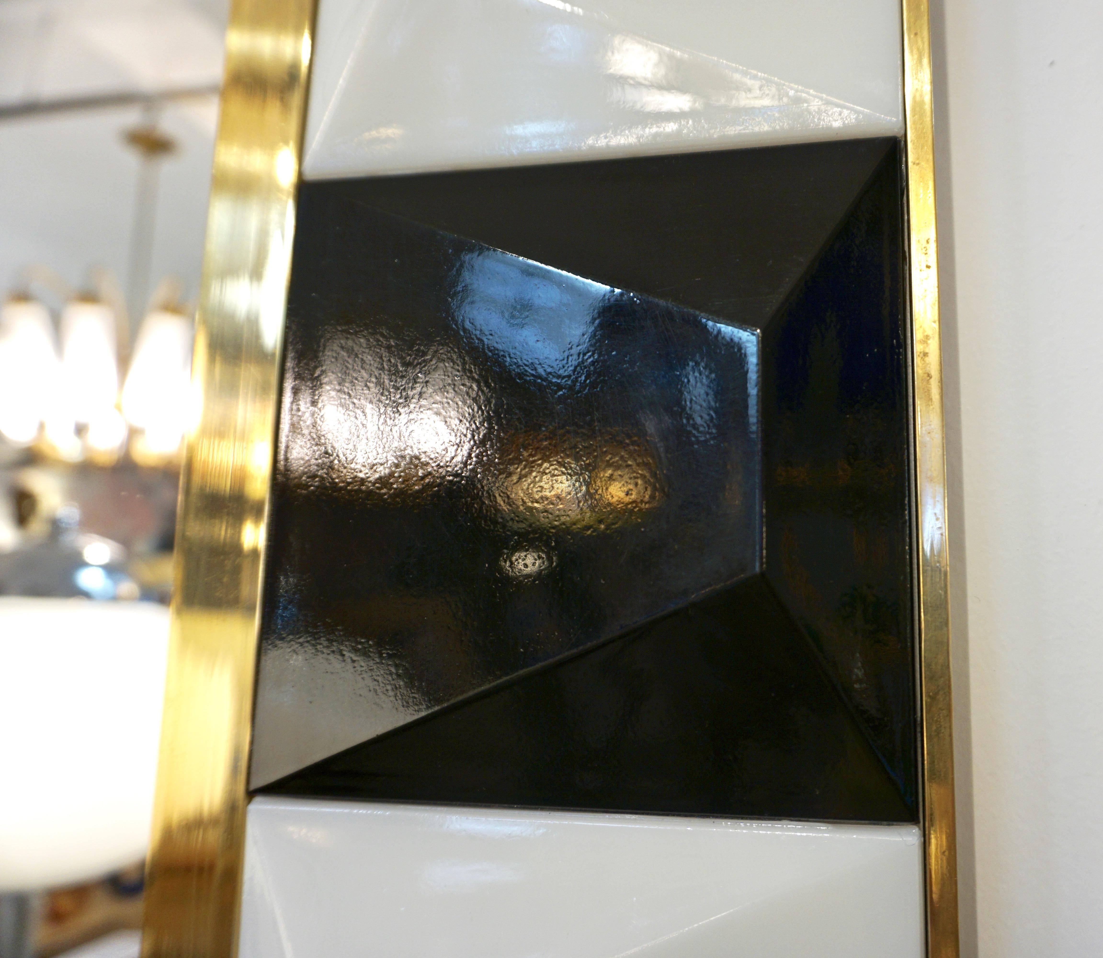 Contemporary Postmodern Italian Geometric Black White Murano Glass Brass Mirror 5
