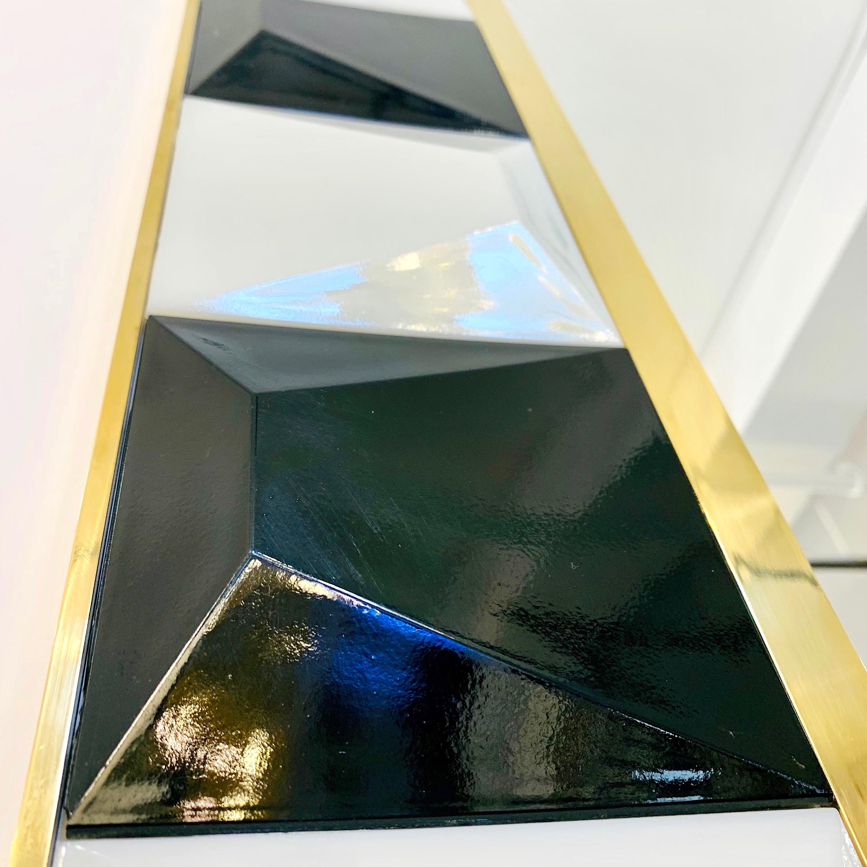 Hand-Crafted Contemporary Postmodern Italian Geometric Black White Murano Glass Brass Mirror