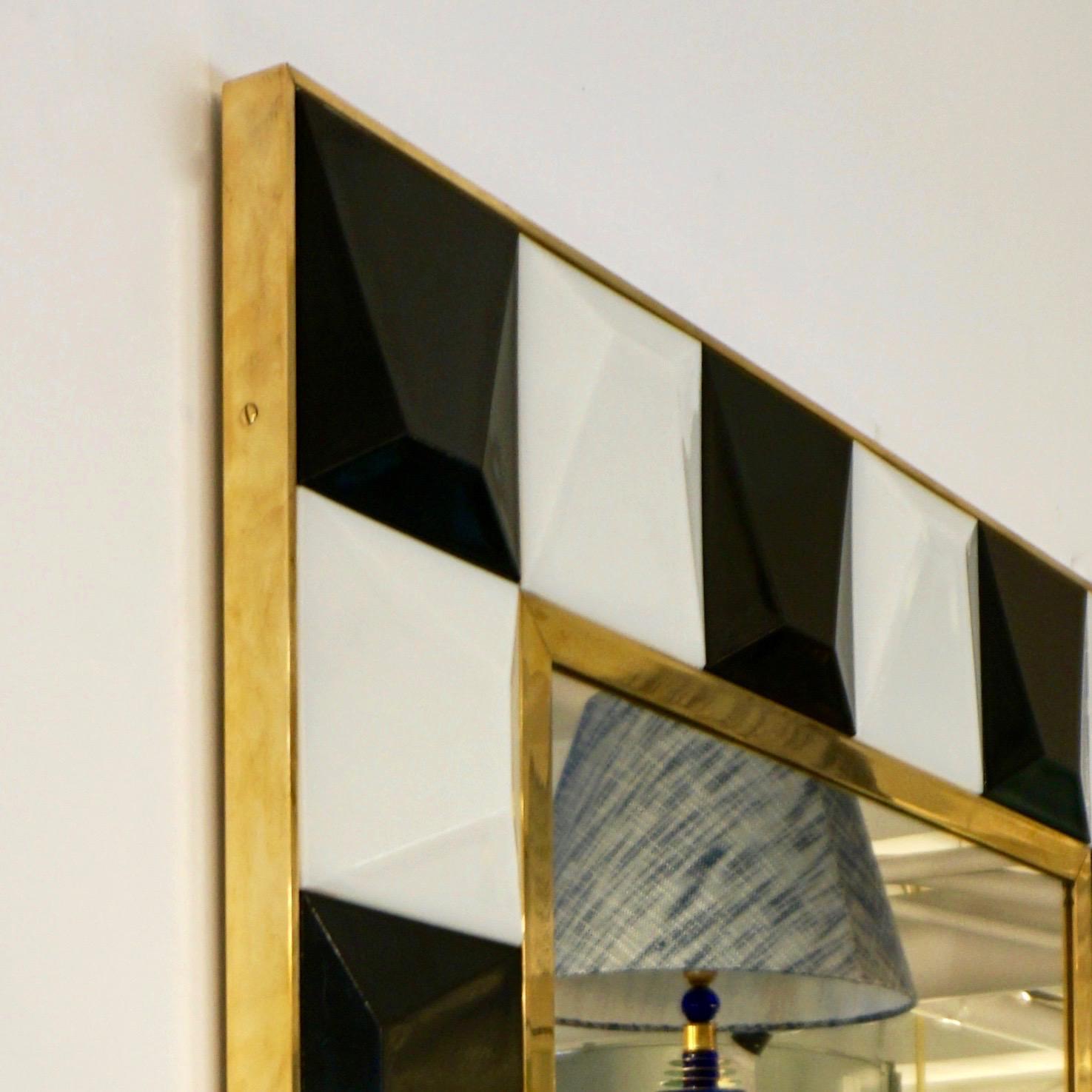 Contemporary Postmodern Italian Geometric Black White Murano Glass Brass Mirror In New Condition In New York, NY