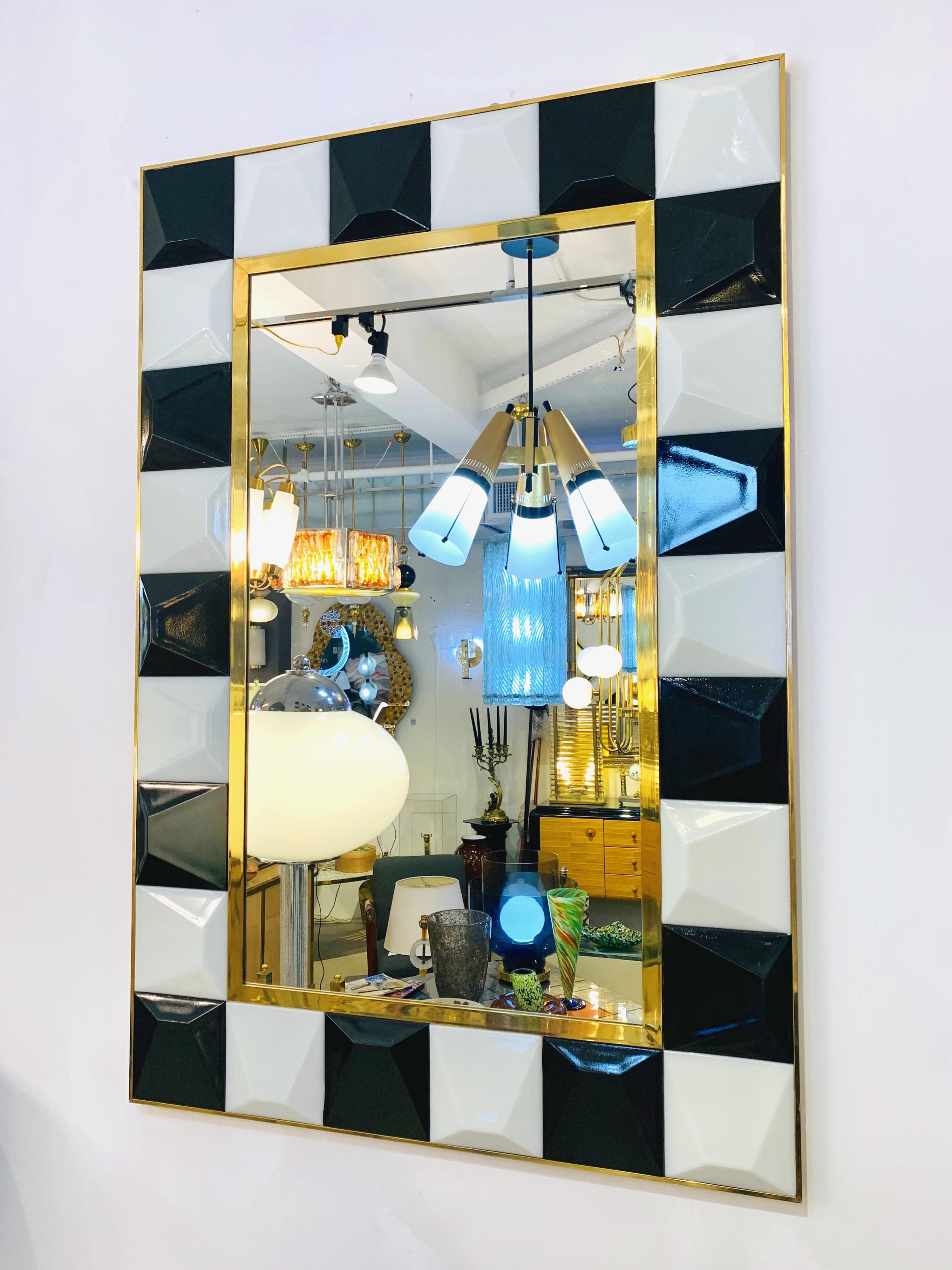 Contemporary Postmodern Italian Geometric Black White Murano Glass Brass Mirror 2