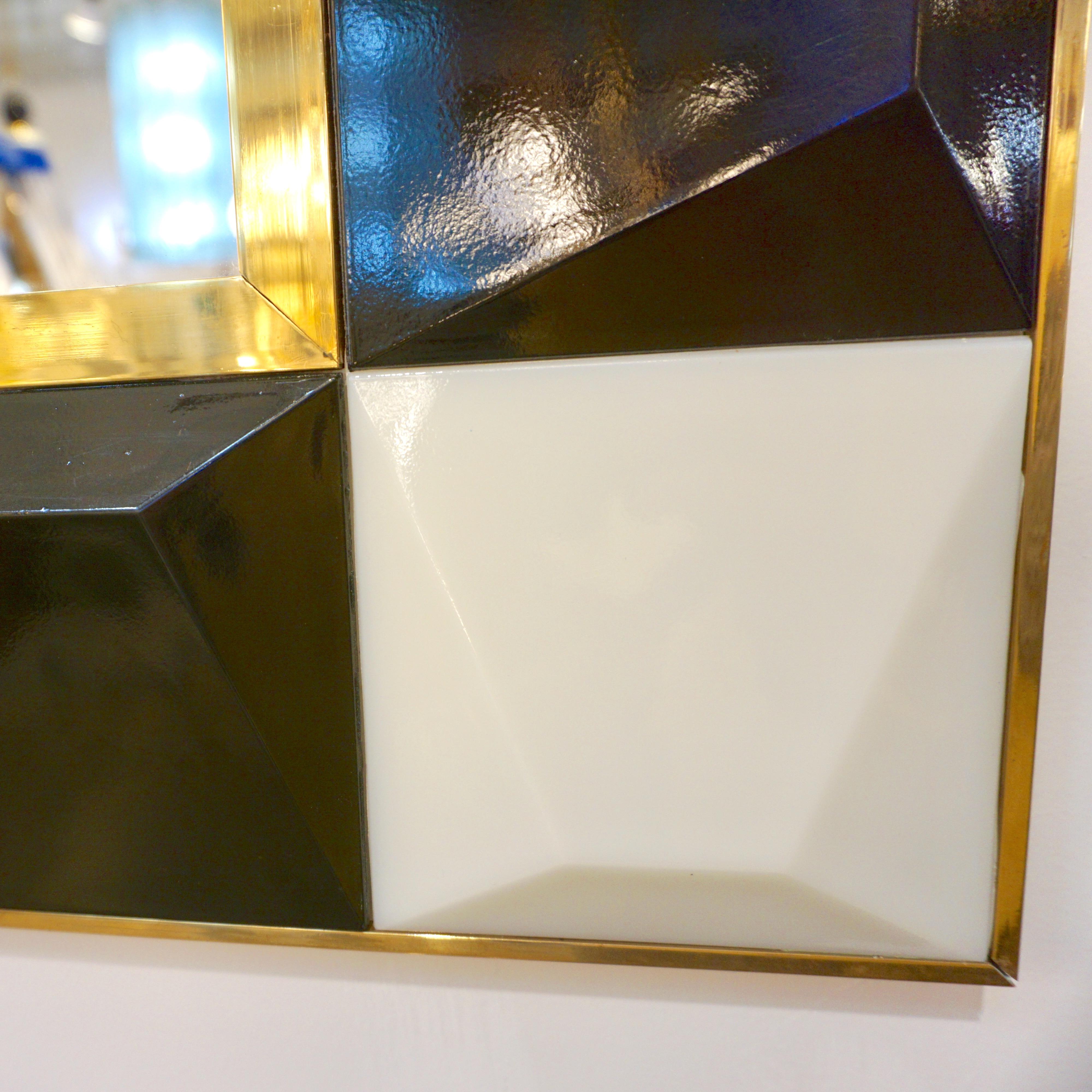 Contemporary Postmodern Italian Geometric Black White Murano Glass Brass Mirror 3