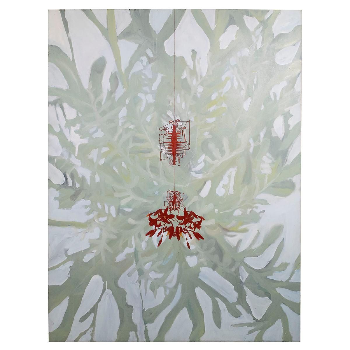 Large Postmodern Abstract composition with mechanical and biomorphic forms. Verso signed , titled , and dated: 