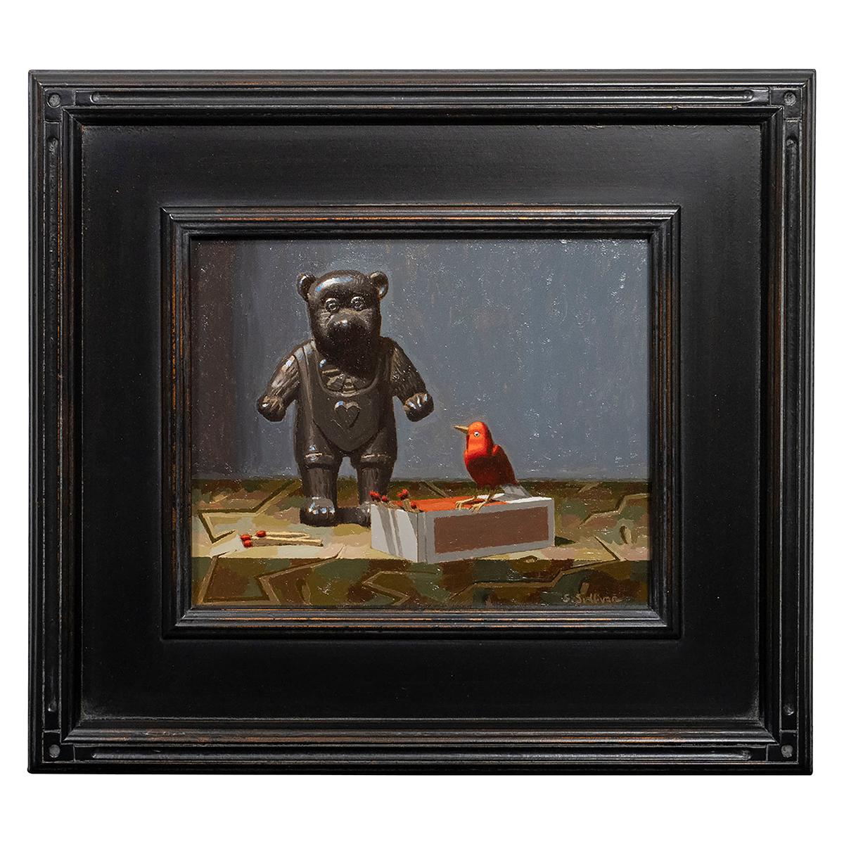 Contemporary Postmodern still life composition with toy bear, cardinal (bird), and a box of matches. Signed at bottom right 