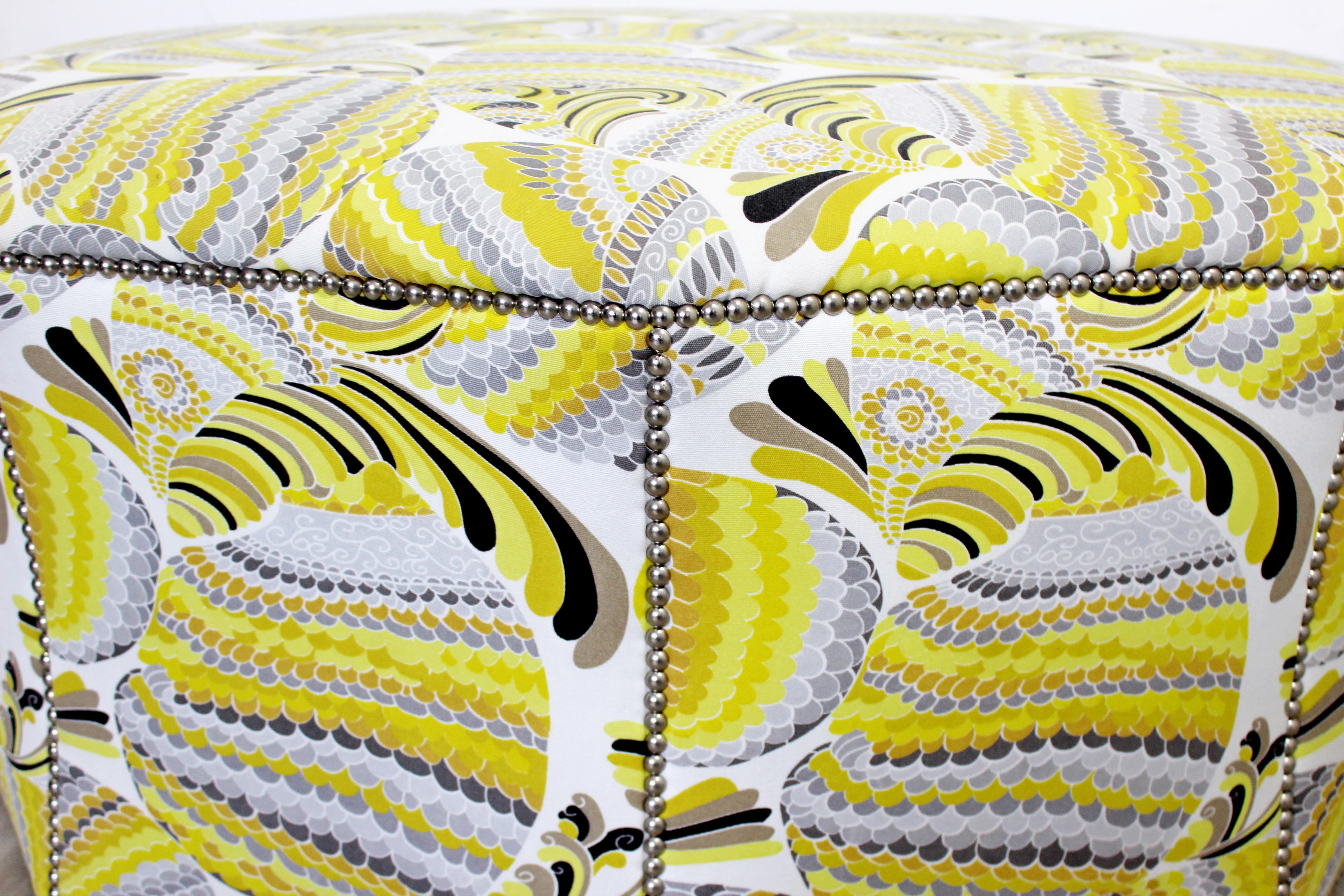 Fabric Contemporary Postmodern Swaim Studded Upholstered Large Ottoman Foot Stool Seat