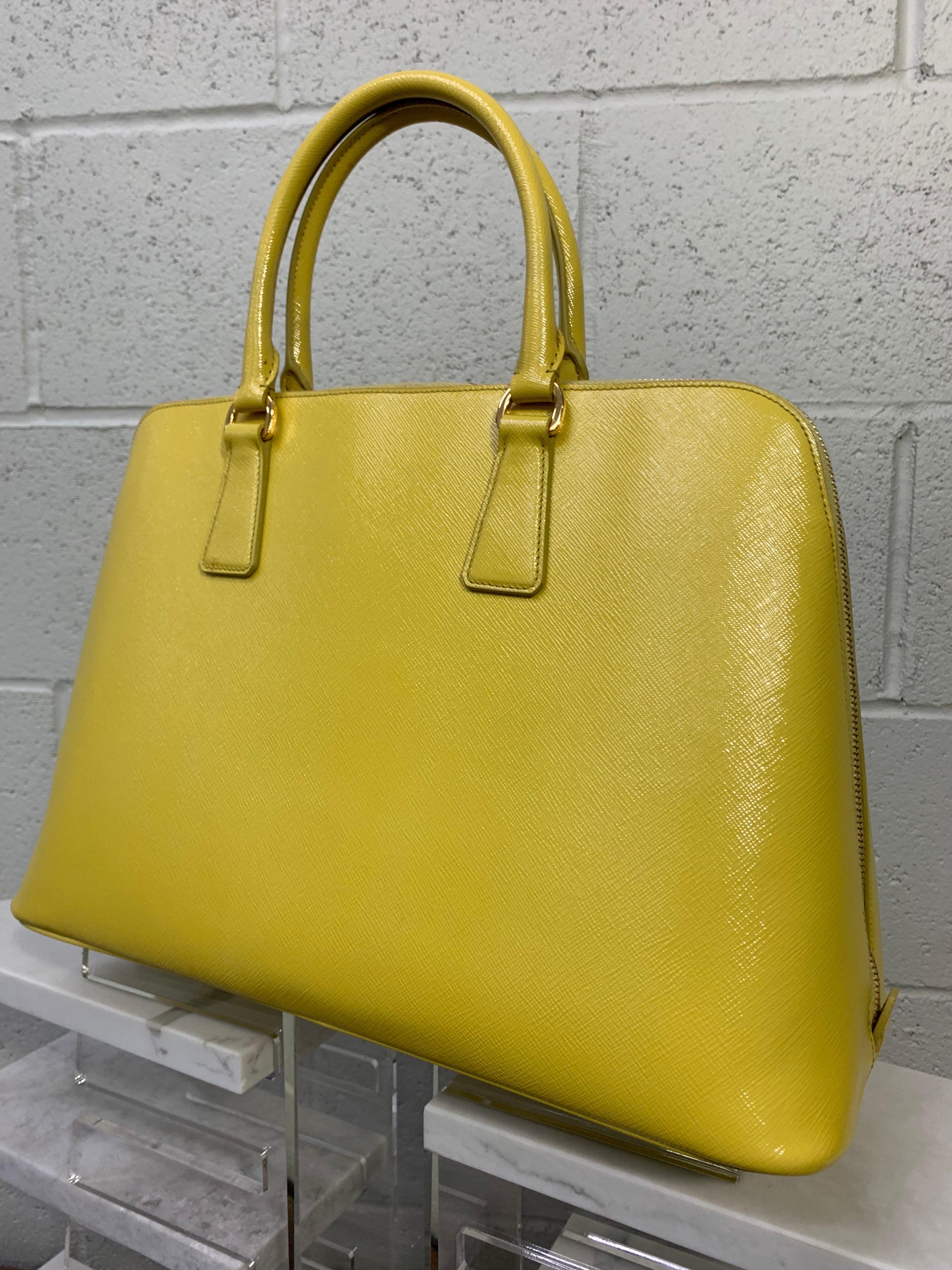 Contemporary Prada Pineapple Yellow Double-Sided Wedge-Shaped Leather Travel Bag In New Condition For Sale In Gresham, OR