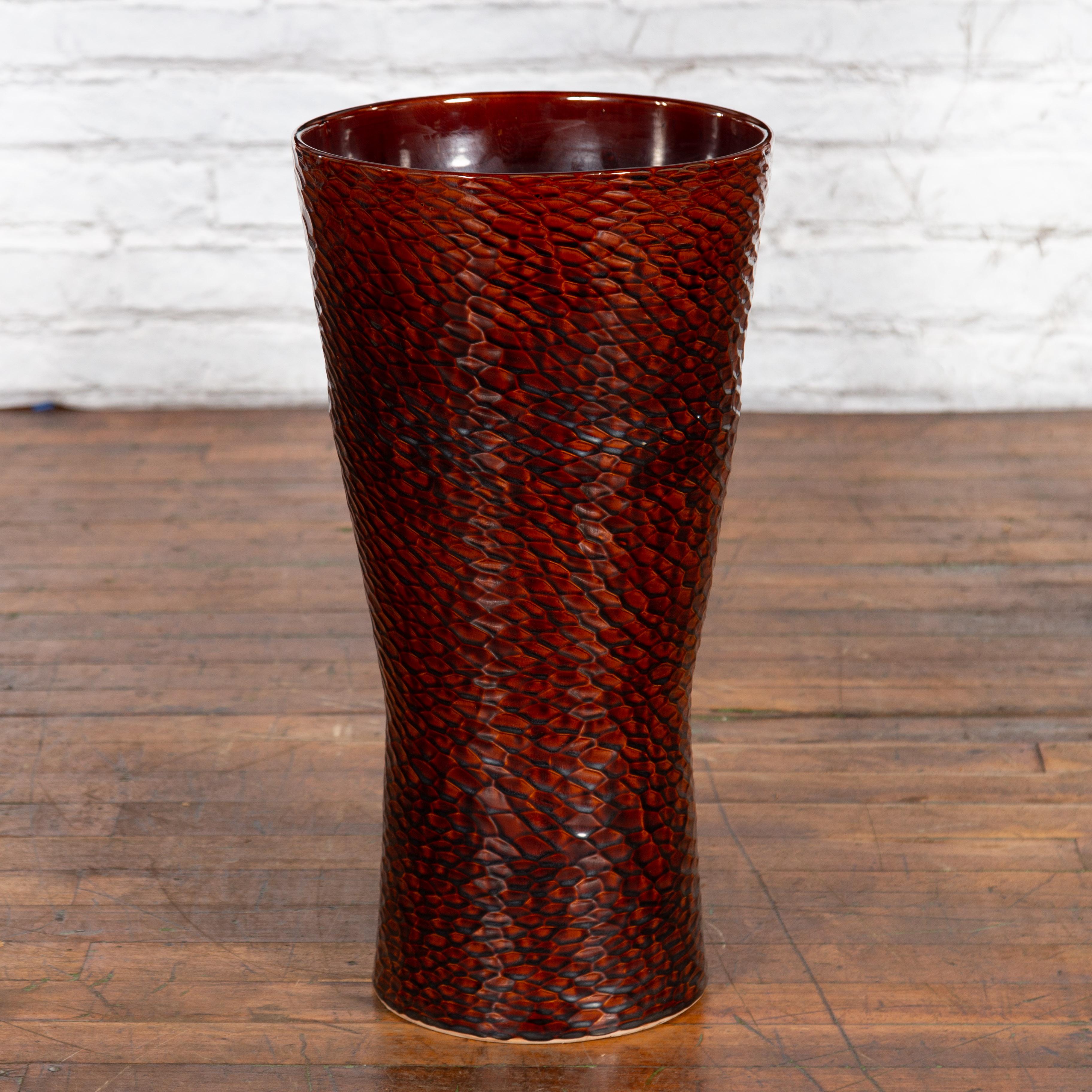 Thai Contemporary Prem Collection Artisan Vase with Textured Burgundy Finish For Sale