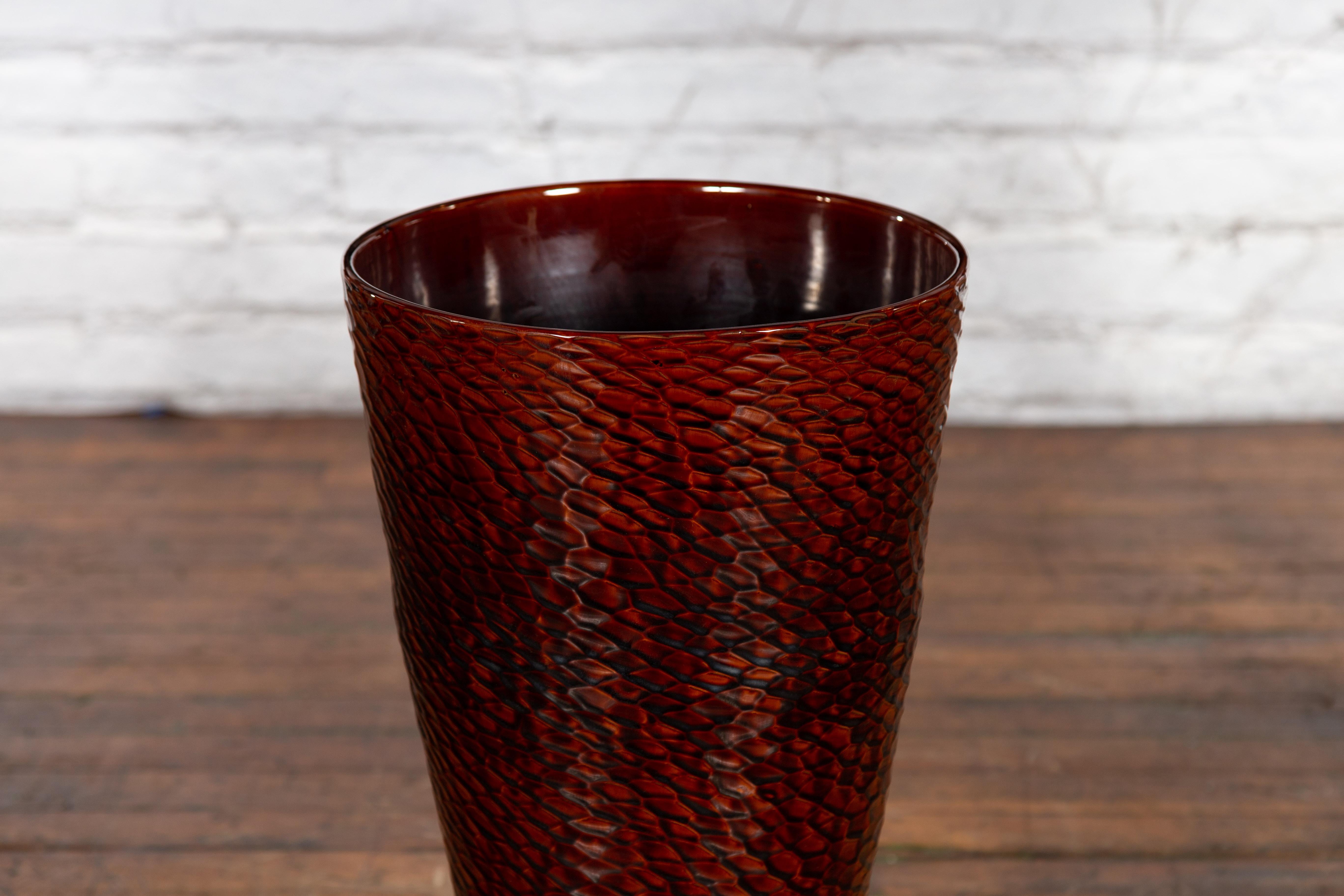 Ceramic Contemporary Prem Collection Artisan Vase with Textured Burgundy Finish For Sale