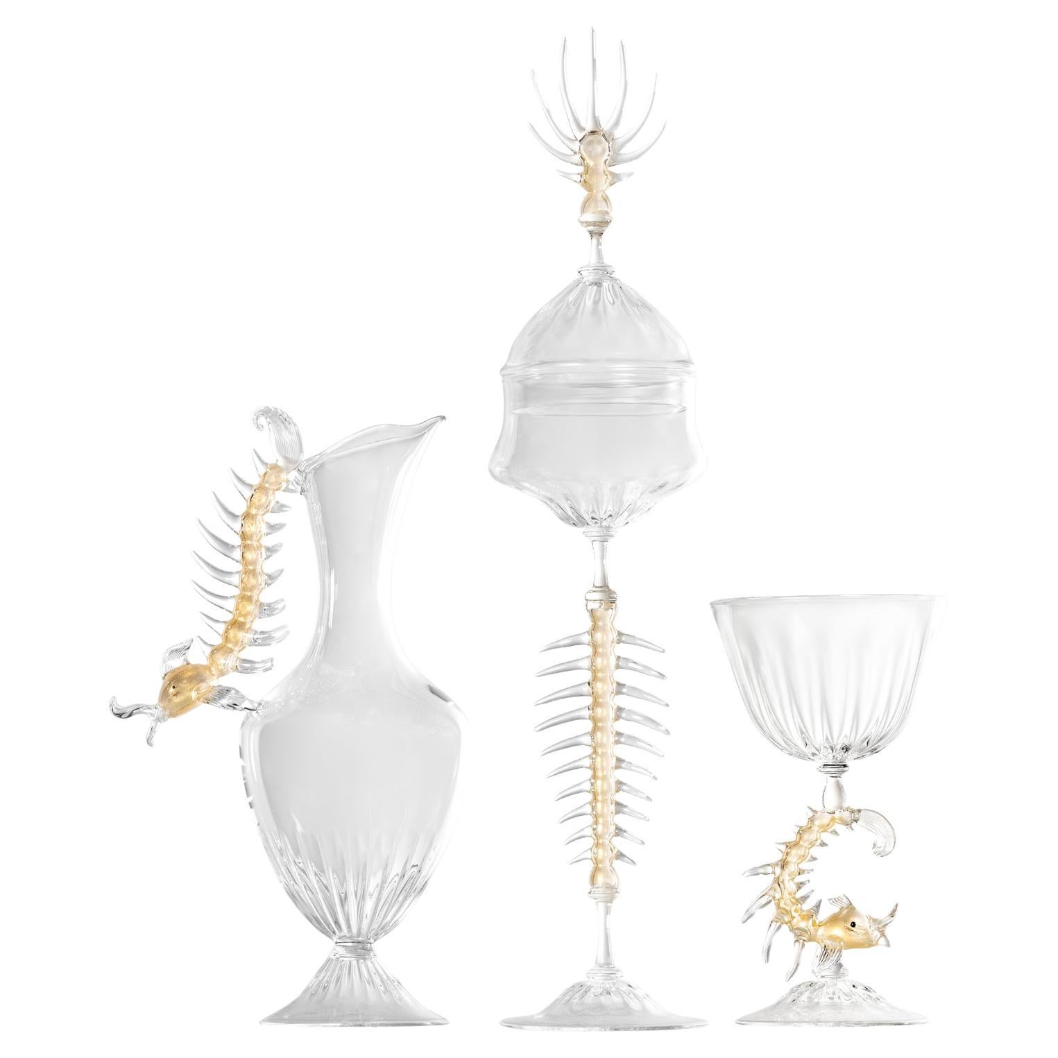 Contemporary 'Prezioso Tris' Gold Leafed Hand Blown Glass Goblets and Ewer Deco