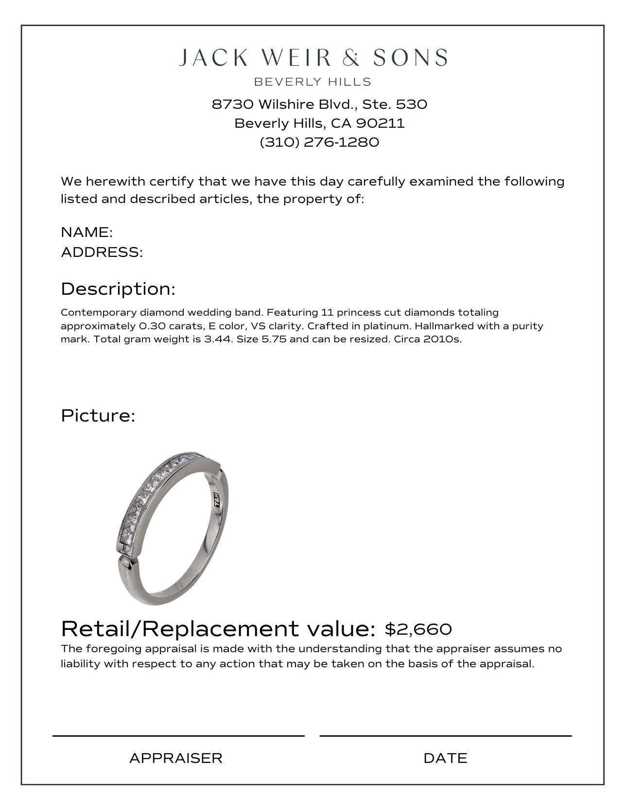 Contemporary princess cut diamond platinum wedding band im Zustand „Hervorragend“ im Angebot in Beverly Hills, CA