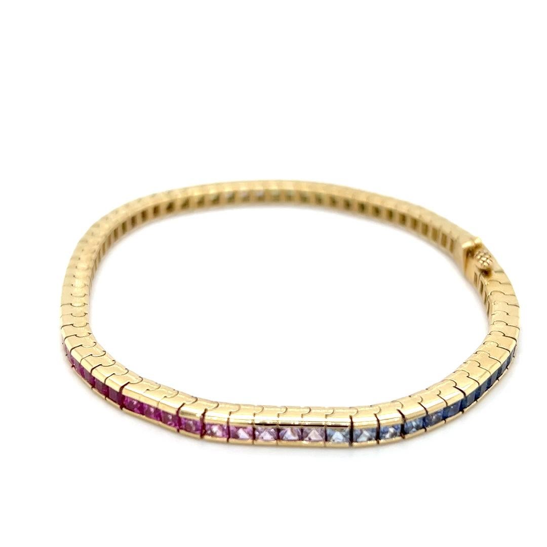 Contemporary Princess Cut Rainbow Sapphire Tennis Bracelet in 18K Yellow Gold 1