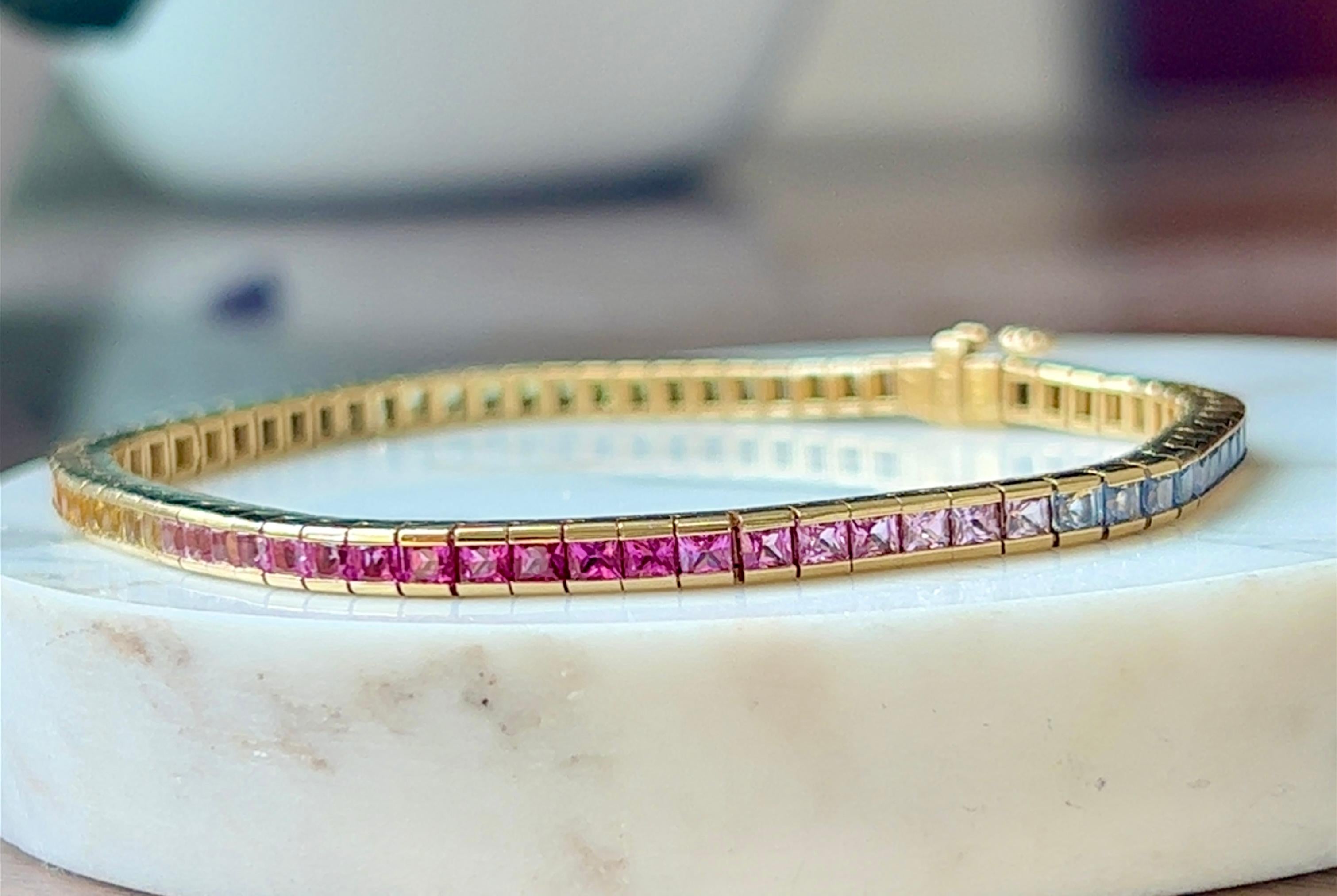 Contemporary Princess Cut Rainbow Sapphire Tennis Bracelet in 18K Yellow Gold 3