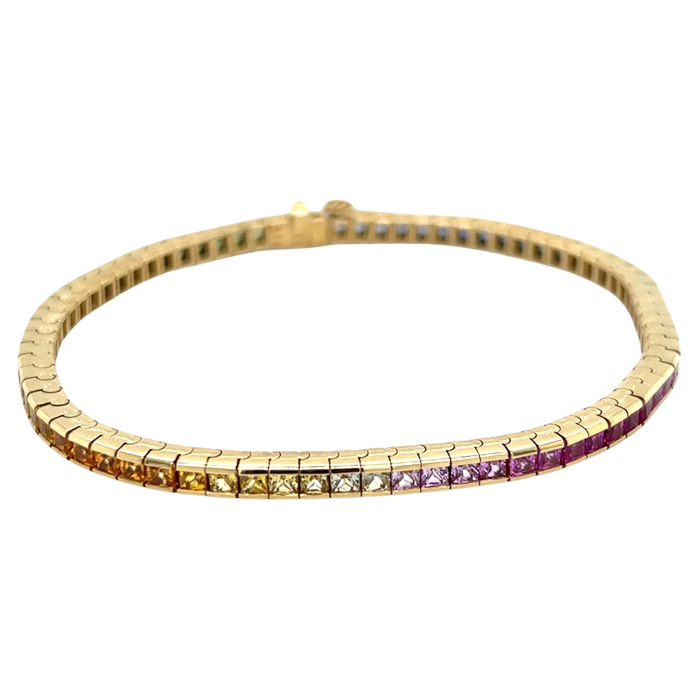 Contemporary Princess Cut Rainbow Sapphire Tennis Bracelet in 18K Yellow Gold