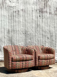 Contemporary Printed Tweed Swivel Chairs, a Pair