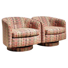 Contemporary Printed Tweed Swivel Chairs, a Pair