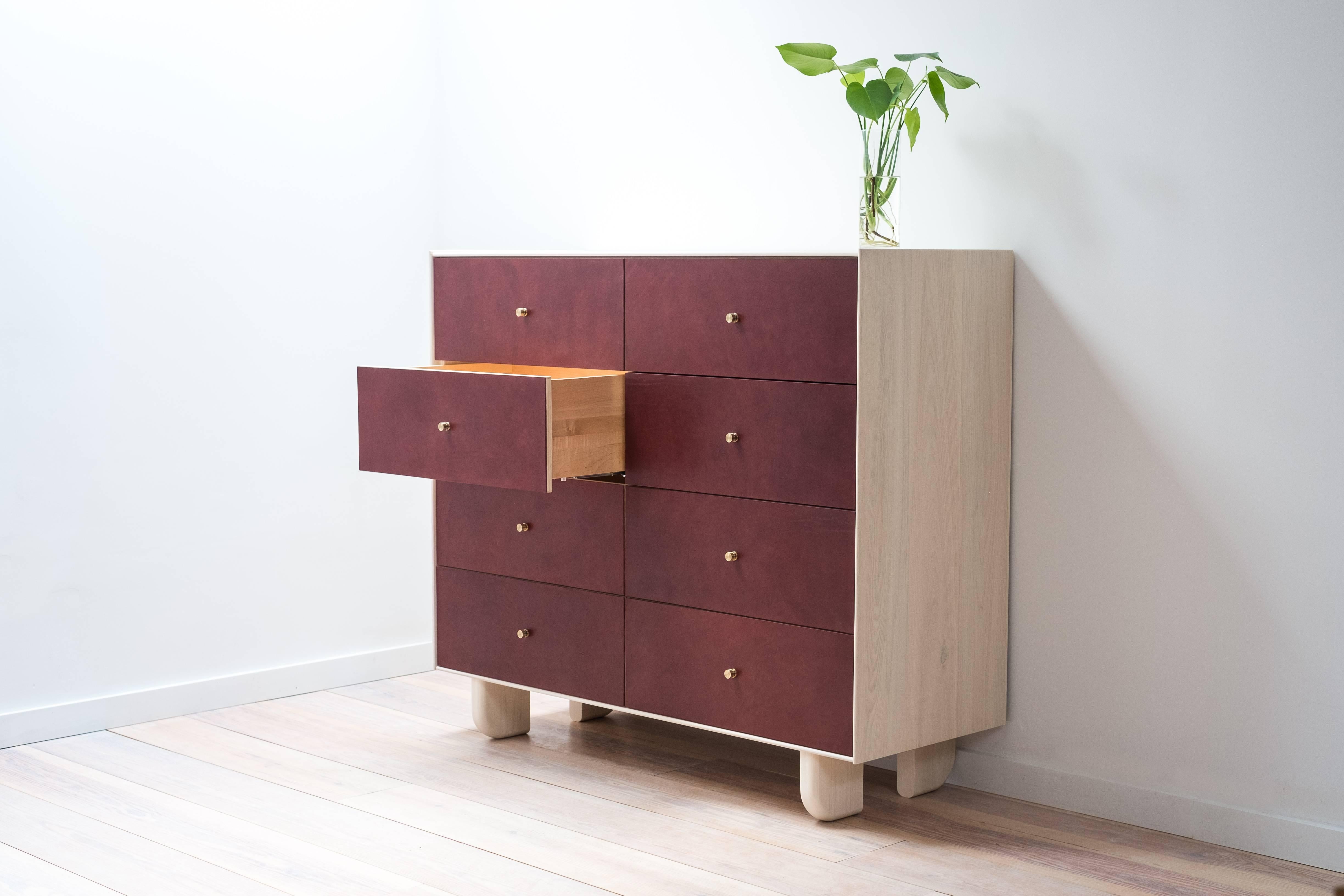 The Profile Dresser is an elevated take on traditional cabinet construction with a clean, minimal edge framing vegetable tanned leather drawer faces. Both the wood and leather are hand finished in Stillmade's New York based building facility.