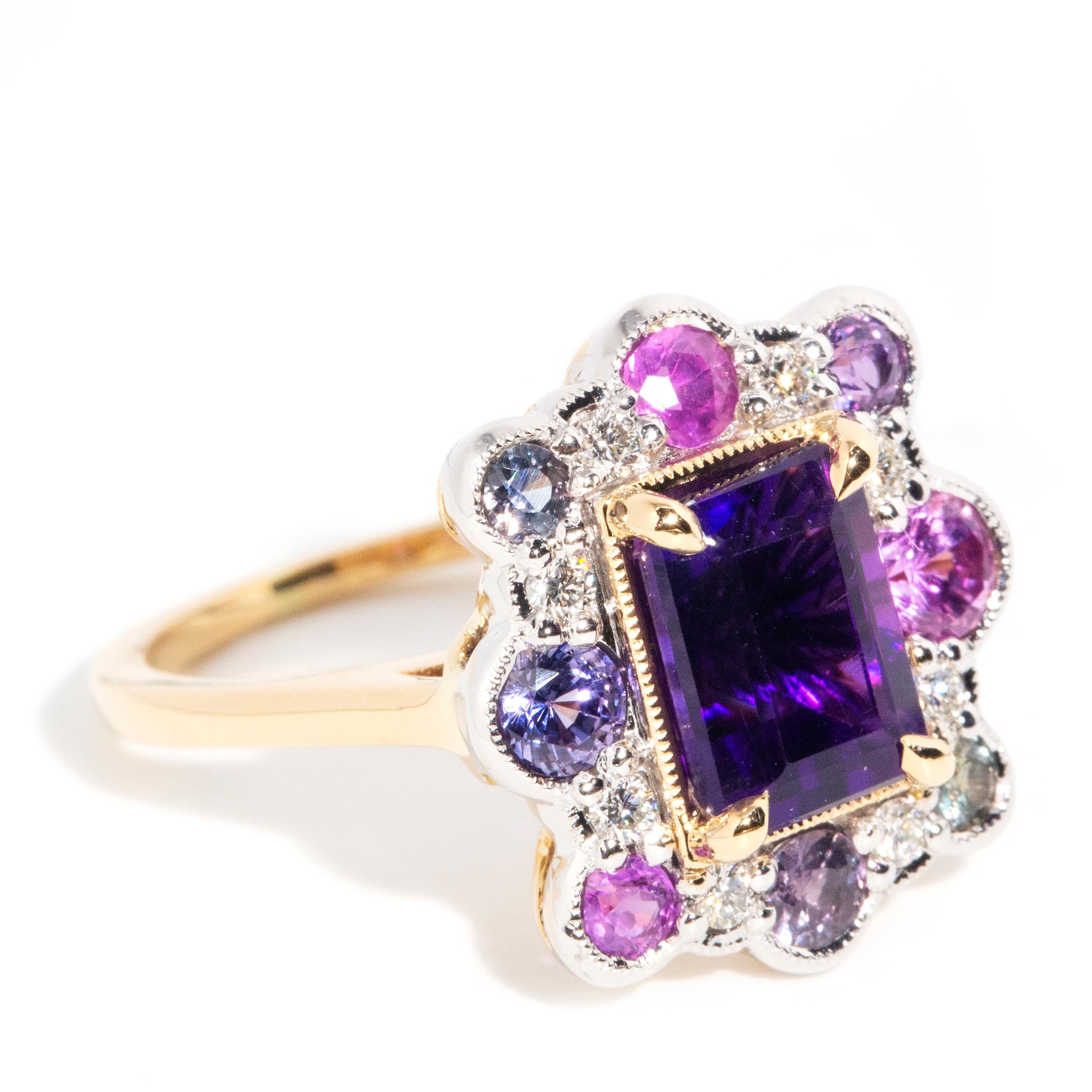 Emerald Cut Contemporary Purple Amethyst Sapphire and Diamond Cluster Ring 18 Carat Gold For Sale