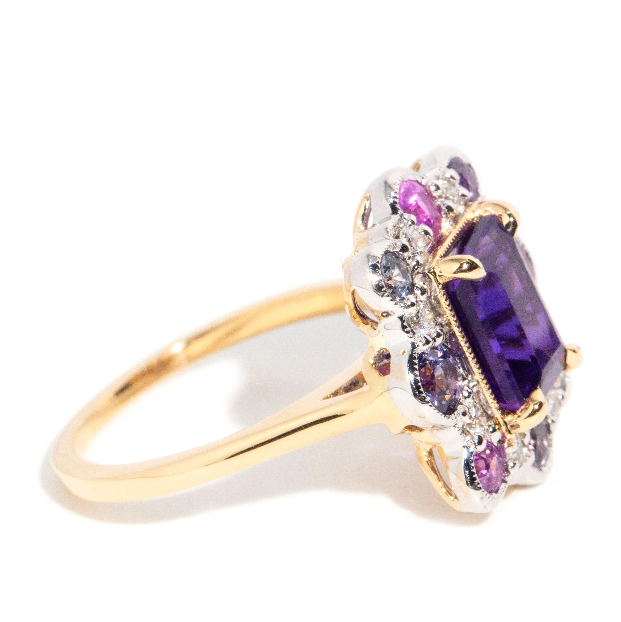 Women's Contemporary Purple Amethyst Sapphire and Diamond Cluster Ring 18 Carat Gold For Sale