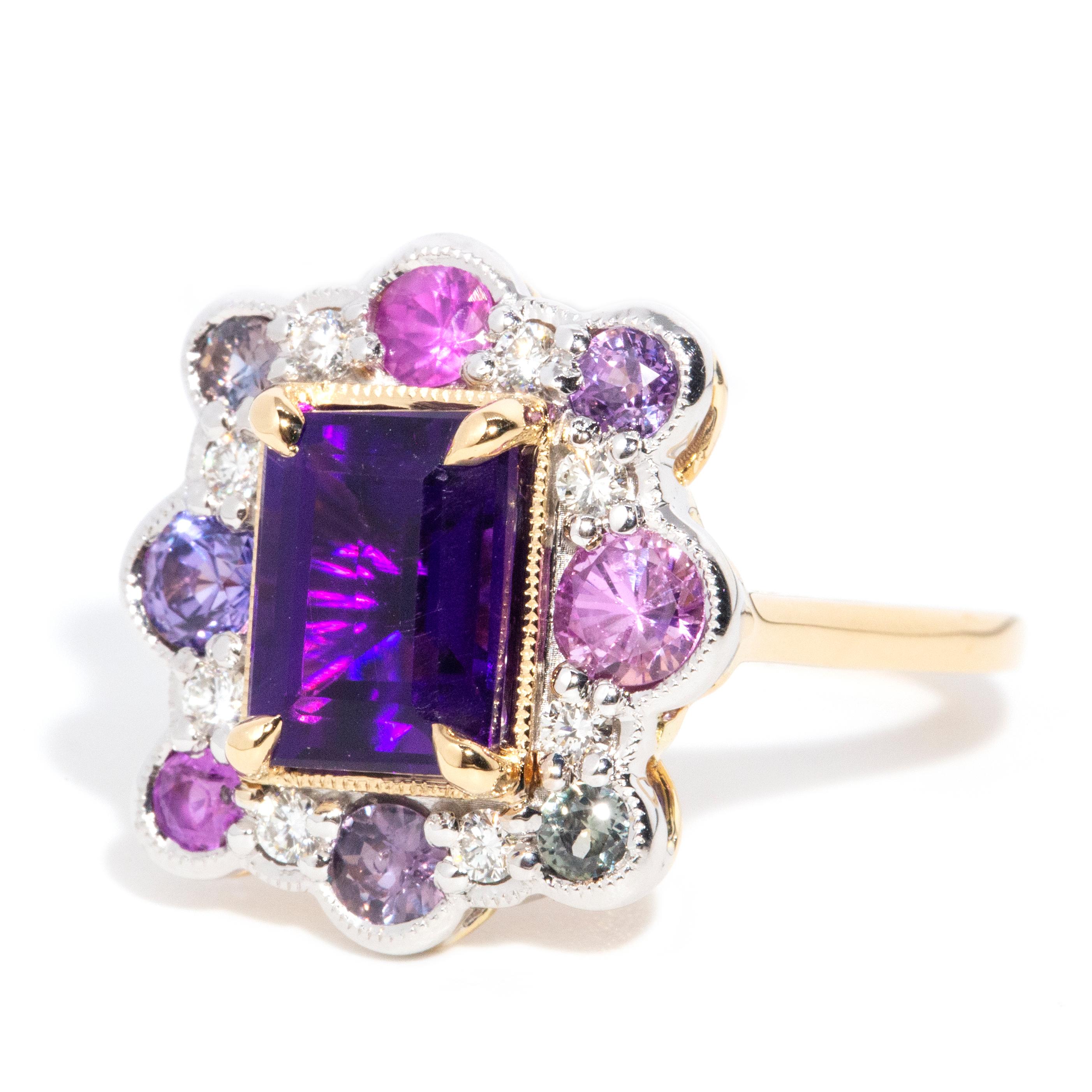 Contemporary Purple Amethyst Sapphire and Diamond Cluster Ring 18 Carat Gold For Sale 2