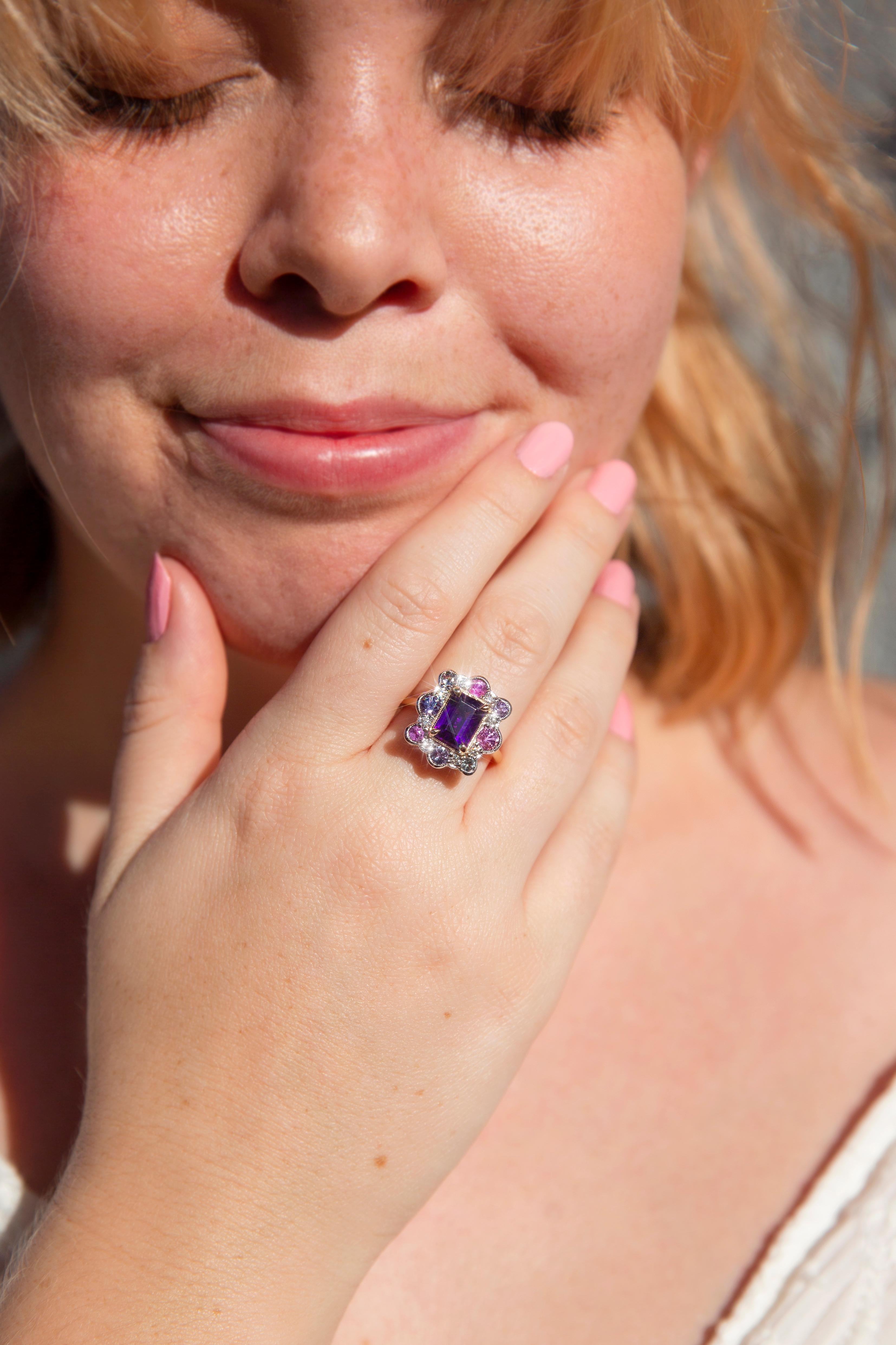 Contemporary Purple Amethyst Sapphire and Diamond Cluster Ring 18 Carat Gold For Sale 3
