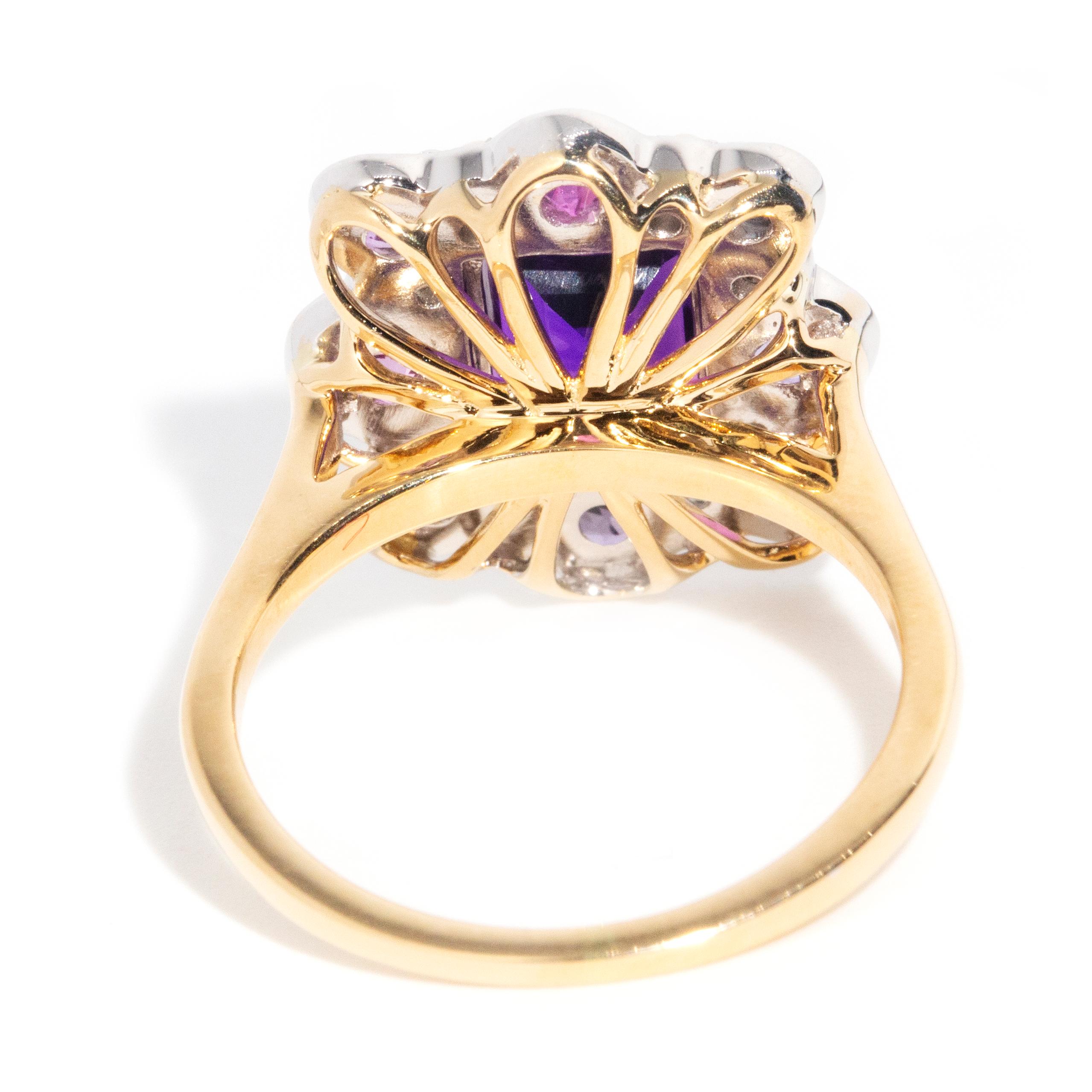 Contemporary Purple Amethyst Sapphire and Diamond Cluster Ring 18 Carat Gold For Sale 4