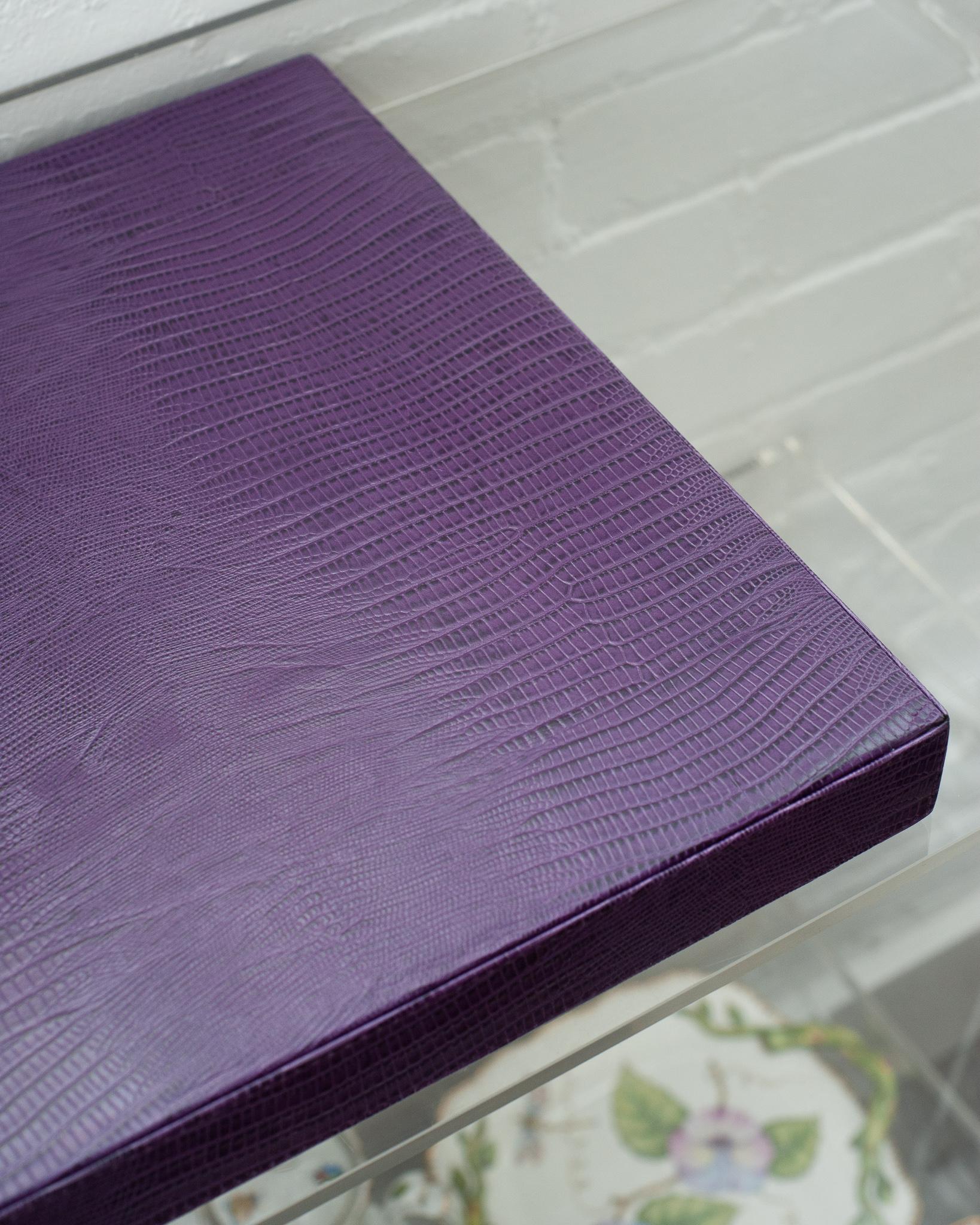 Argentine Contemporary Purple Lizard Embossed Leather Large Square Tray For Sale
