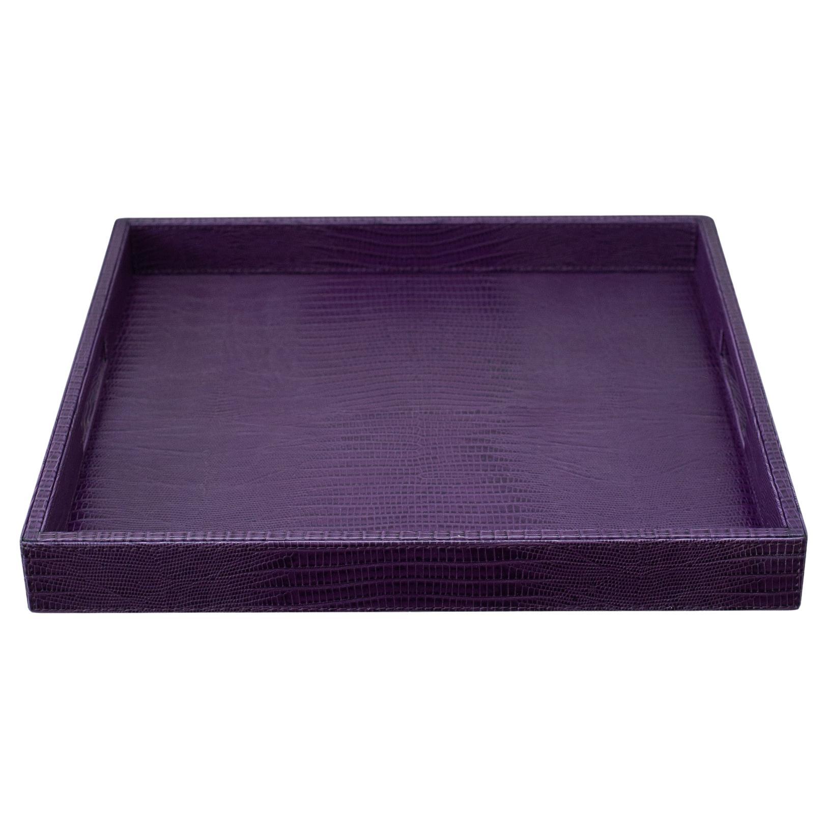 Grand plateau carré contemporain en cuir gaufré lézard violet 