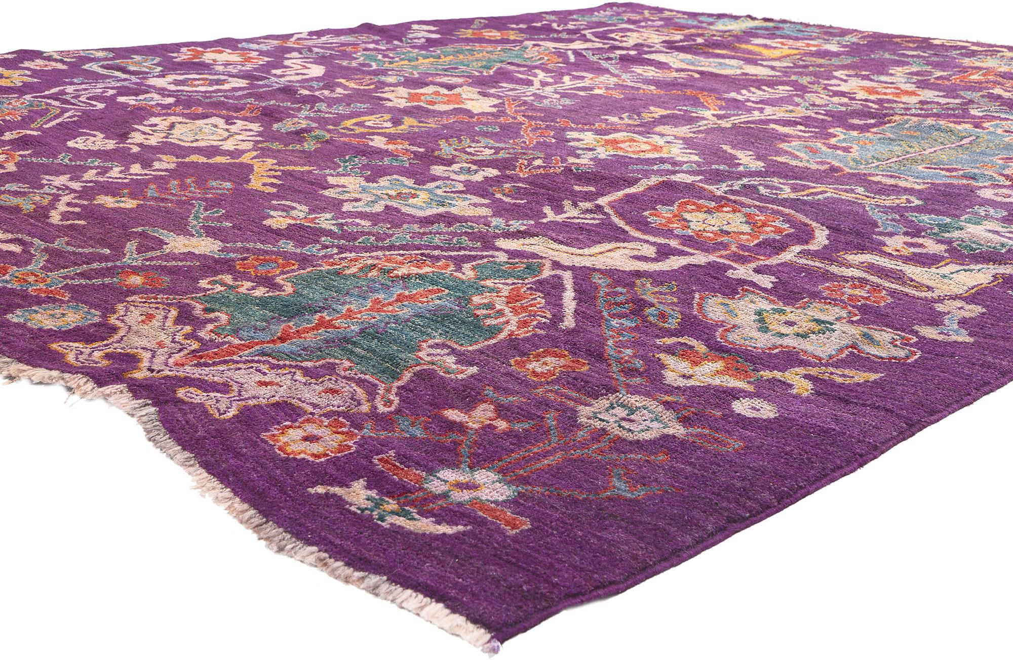 80817 Modern Purple Oushak Rug, 09'03 x 11'08. Experience the vibrant fusion of Maximalist flair and Bohemian exuberance in this modern colorful Oushak rug, where a spectrum of bold colors converges in a delightful dance upon a rich purple