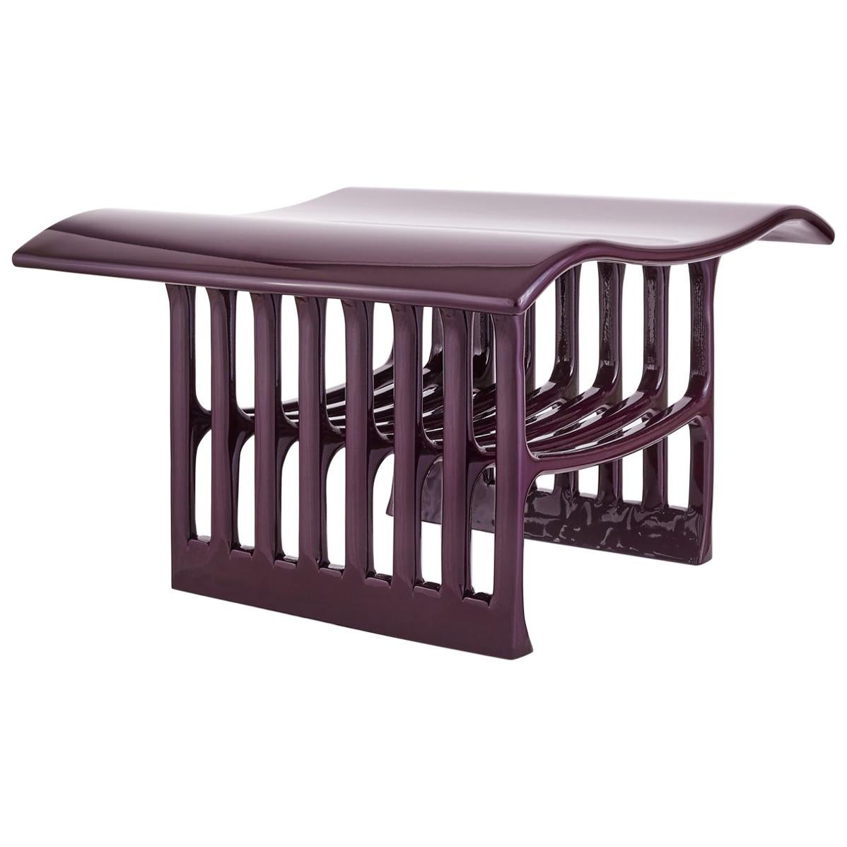 Contemporary Purple Wood Sculpted Bench with Acrylic Finish