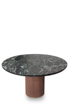 Contemporary QD05 Dining Table with Green Marble Top Walnut Base and Brass