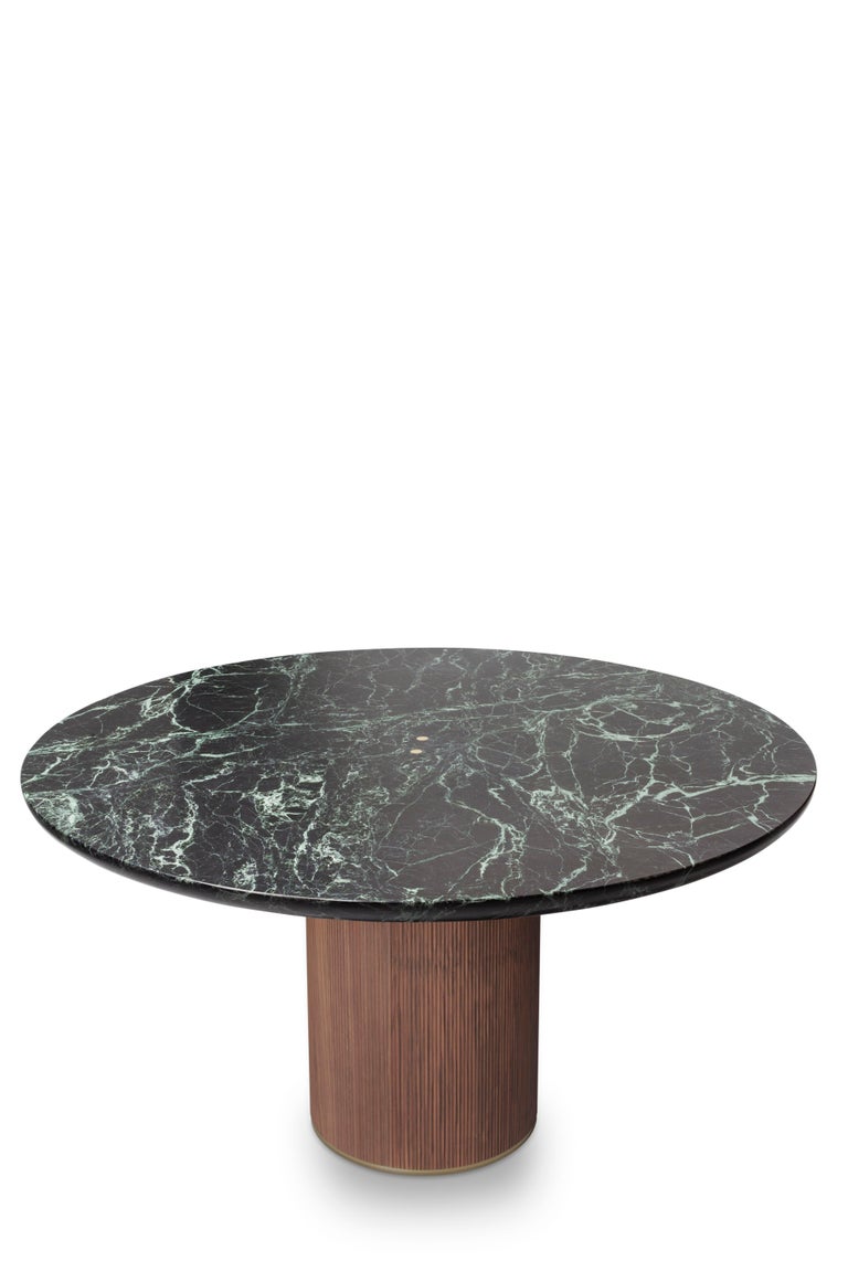 Italian Contemporary QD05 Dining Table with Green Marble Top Walnut Base and Brass For Sale